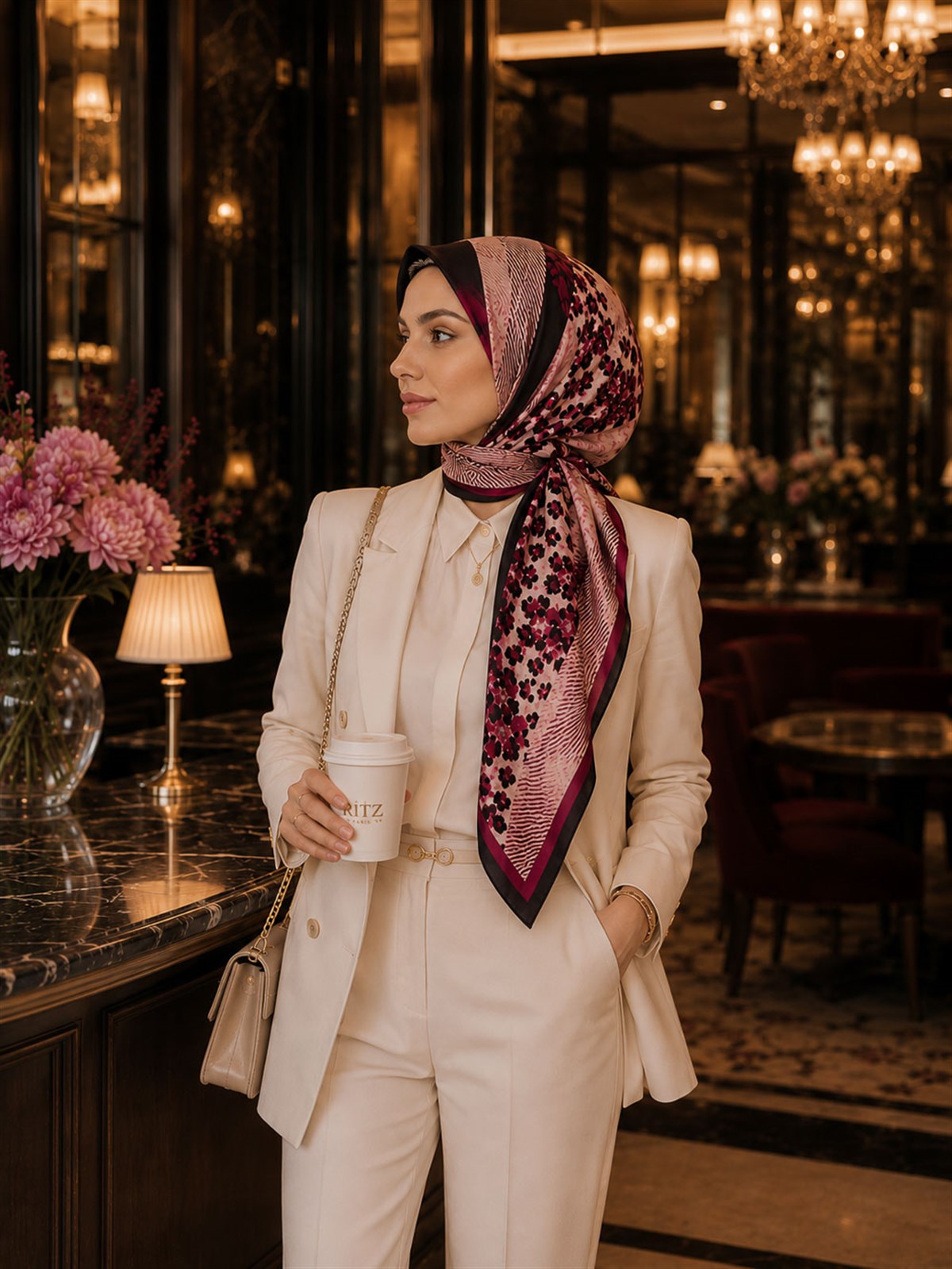 %100 Twill İpek Leopar Ve Geometrik Desenli Bordo Renkli 90x90 Eşarp Dikim Şekli : El Dikişi