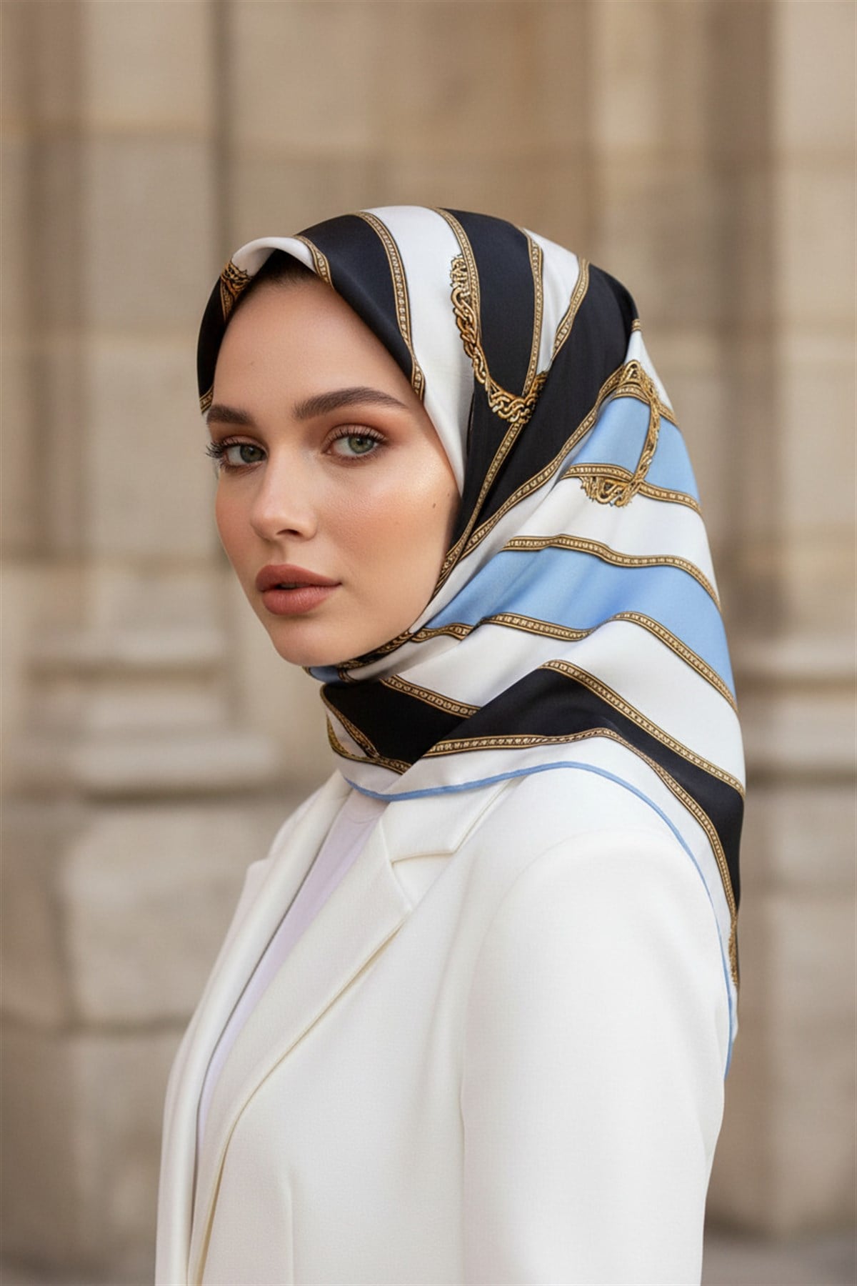 %100 Twill İpek Kemer Desenli Siyah - Bebe Mavisi Renkli 90x90 Eşarp Dikim Şekli : El Dikişi