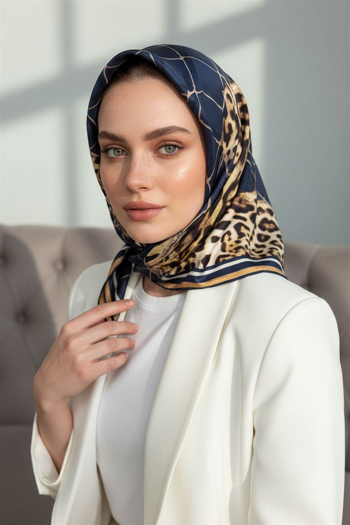 %100 Twill İpek Leopar Desenli Lacivert Renkli 90x90 Eşarp Dikim Şekli : El Dikişi