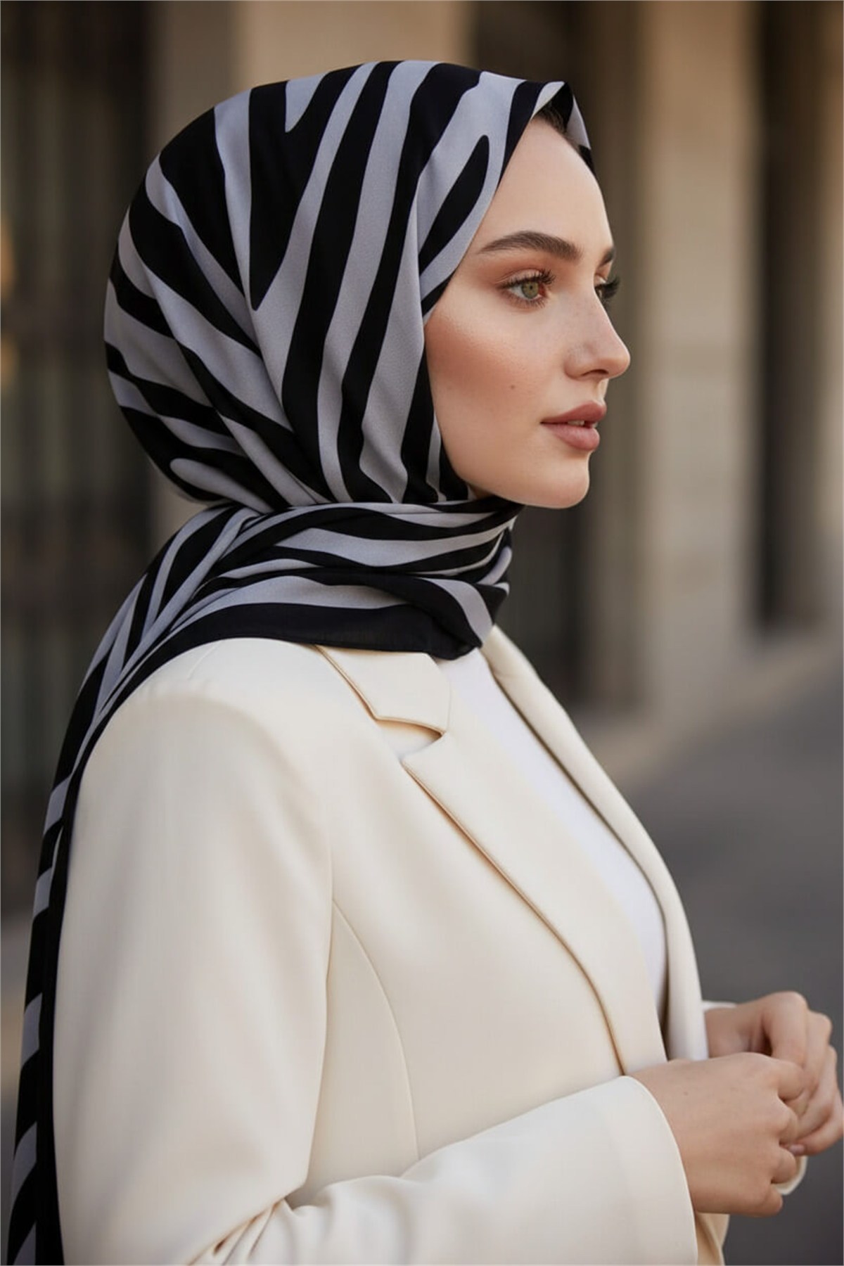 Kırışmaz Krep Şal Zebra Desenli Siyah Gri – Kolay Şekil Alan 75x190 cm