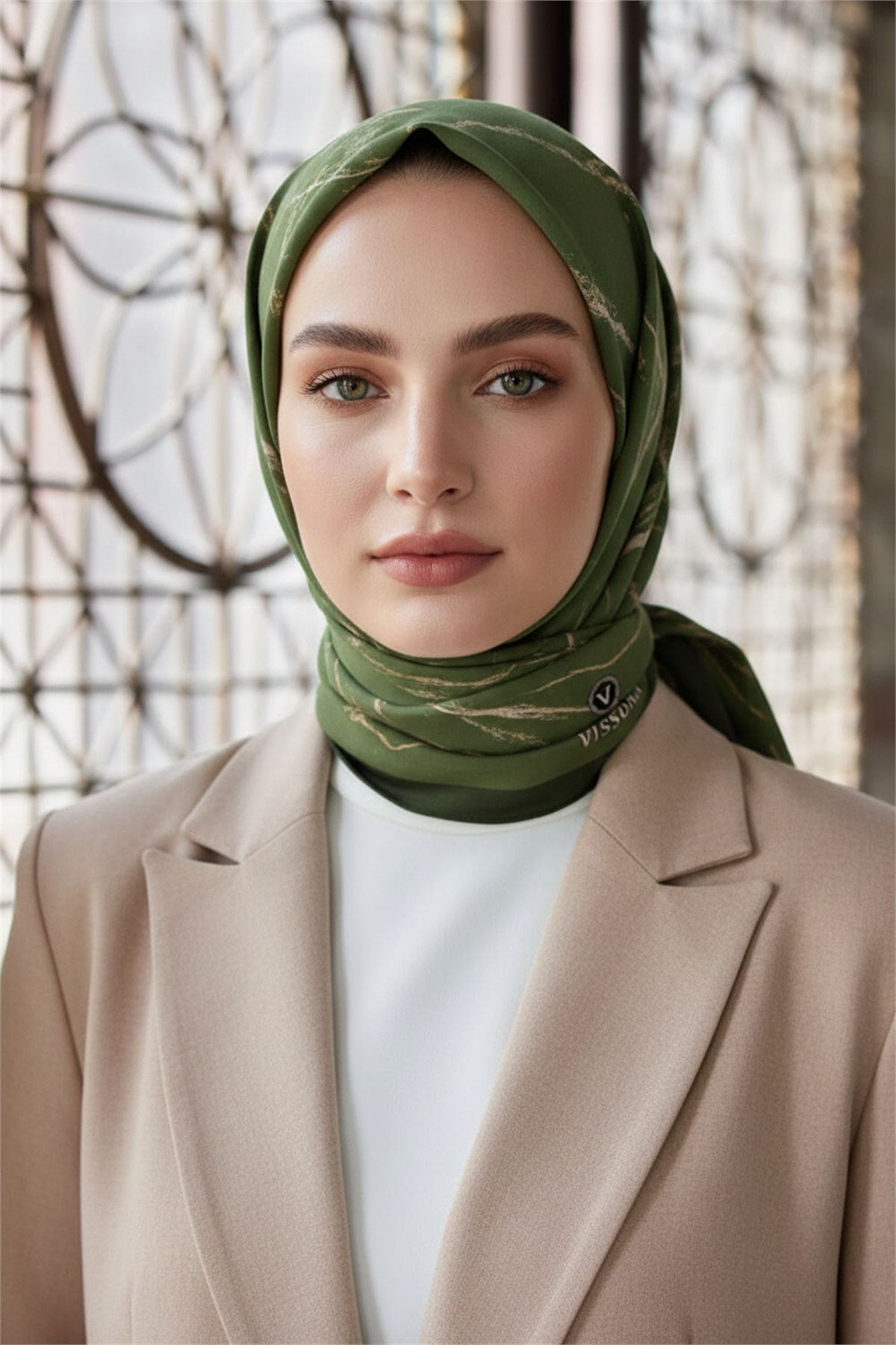 KREP MERMER DESENLİ HAKİ YEŞİLİ RENKLİ 75X195 KIRIŞMAZ ŞAL