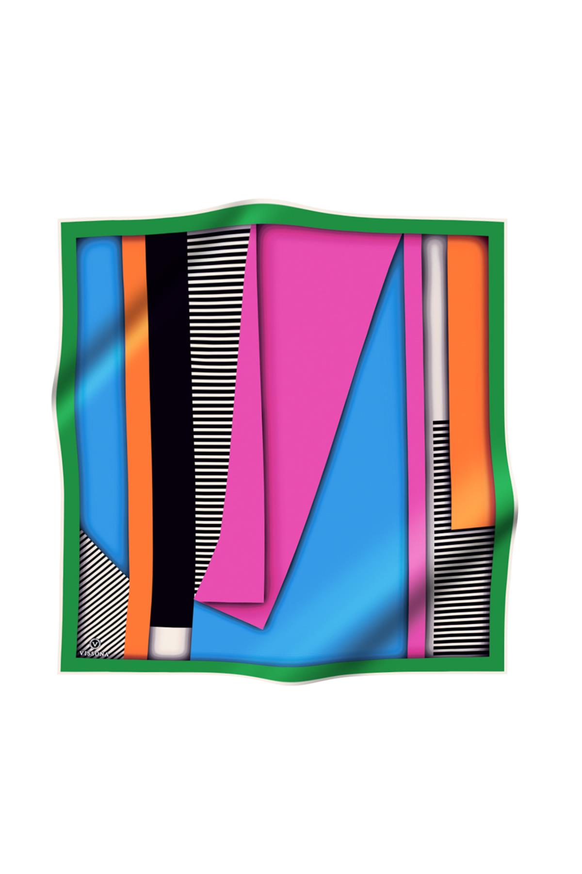 %100 Twill Renk Bloklu Çizgili Desenli Bebe Mavisi - Pembe Renkli 90x90 Eşarp Dikim Şekli: El Dikişii