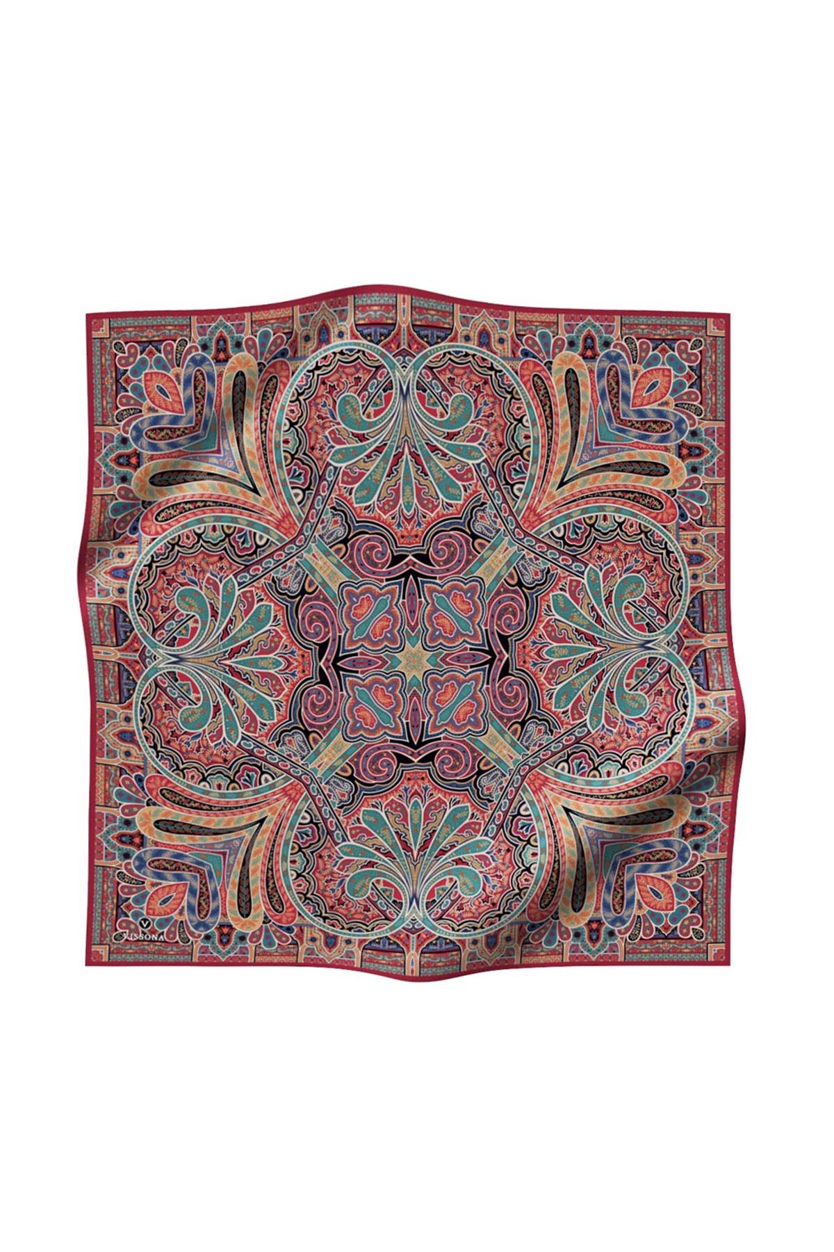 100% Twill İpek Etnik Desenli Bordo - Petrol Yeşili Renkli 90x90 Dikim Şekli : El Dikişi Eşarp