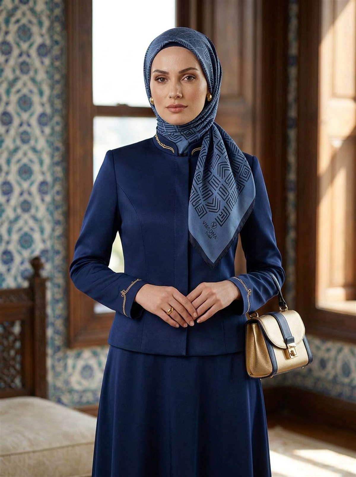 % 100 İPEK ETNİK DESENLİ İNDİGO - LACİVERT RENKLİ ŞAL