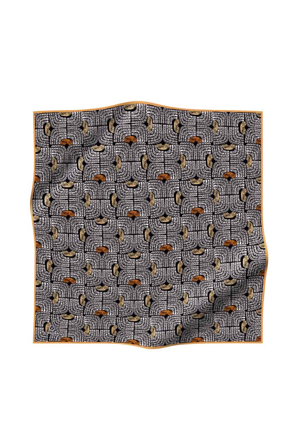 %100 Twill İpek Geometrik Desenli Taba - Hardal Renkli 90x90 Eşarp Dikim Şekli : El Dikişi