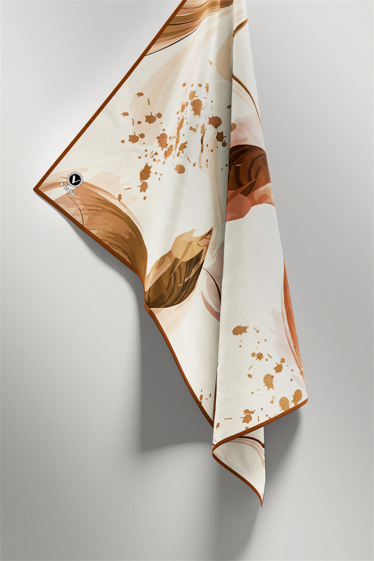 Twill Dalga Desenli Taba Renkli 90x90 Eşarp (İpek İçermez) Kenar Dikiş Şekli El Dikişli
