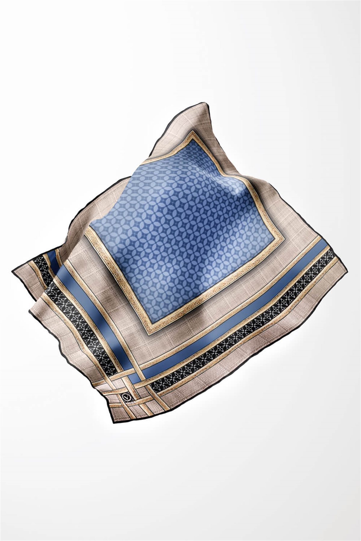 Twill Gold Bordürlü Geometrik Desenli Bebe Mavisi Renkli 90x90 Eşarp (İpek İçermez) Kenar Dikiş Şekli El Dikişli