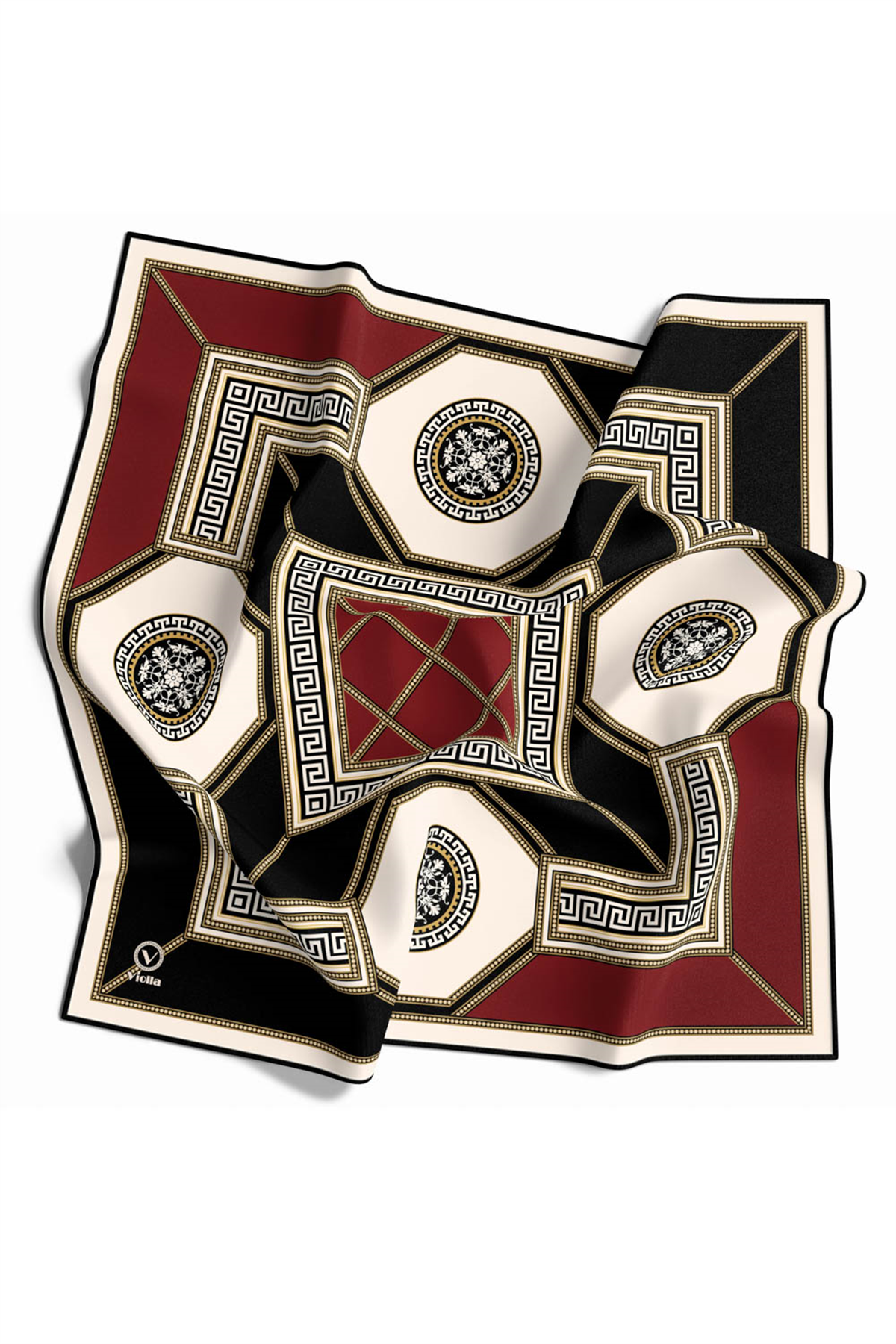 Twill Barok Desenli Bordo Renkli 90x90 Eşarp (İpek İçermez) Kenar Dikiş Şekli El Dikişli