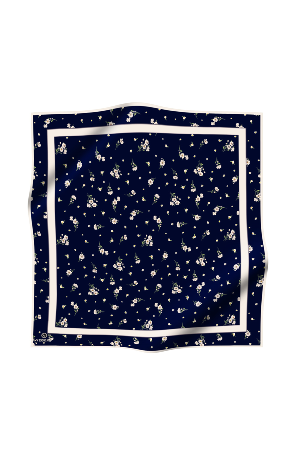 % 57 İPEK % 43 VİSKON Twill İpek Çıtır Çiçek Desenli Lacivert - Krem Renkli 90x90 Eşarp Dikim Şekli : El Dikişi
