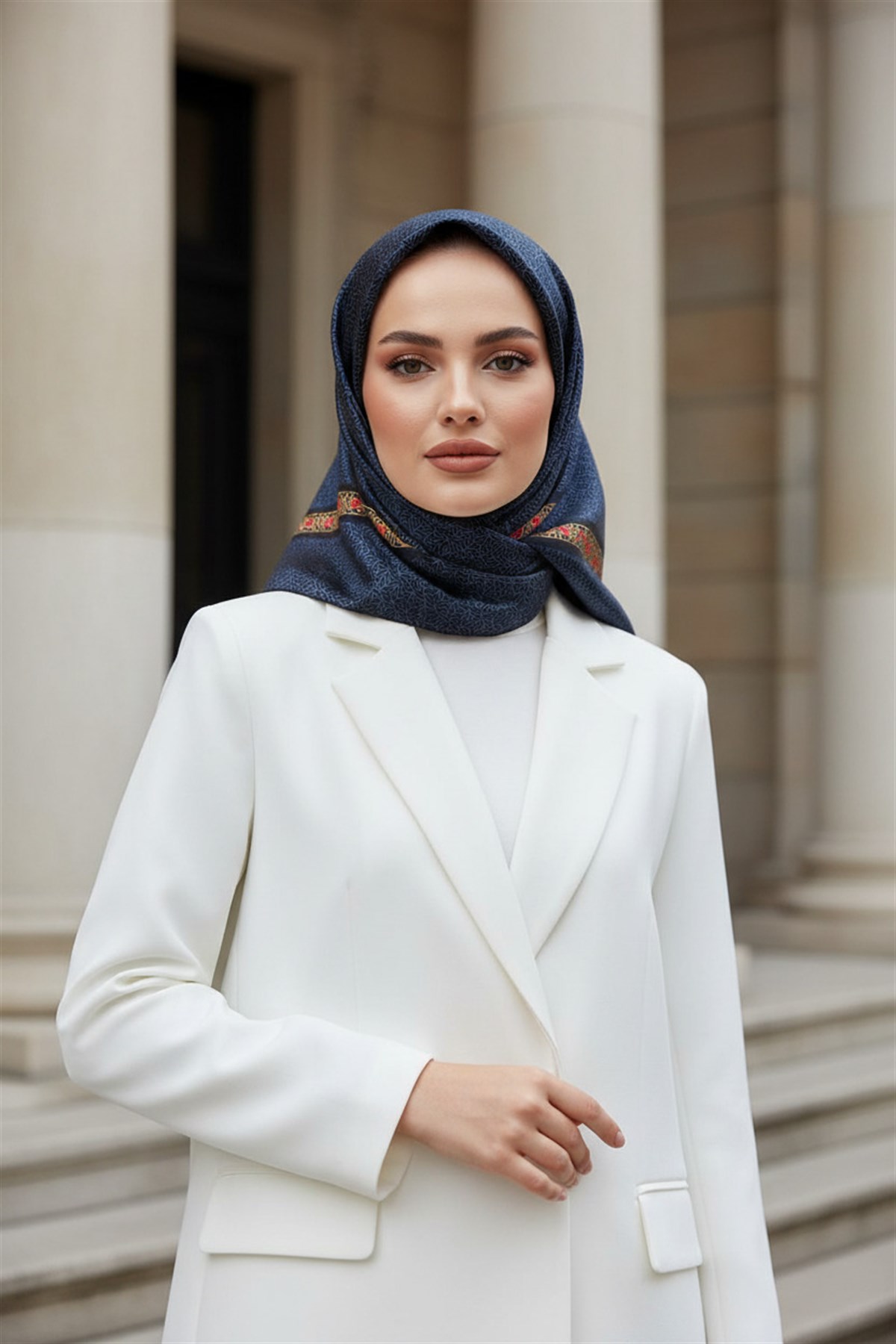 % 57 İPEK % 43 VİSKON Twill İpek Geometrik Desenli İndigo - Siyah Renkli 90x90 Eşarp Dikim Şekli : El Dikişi