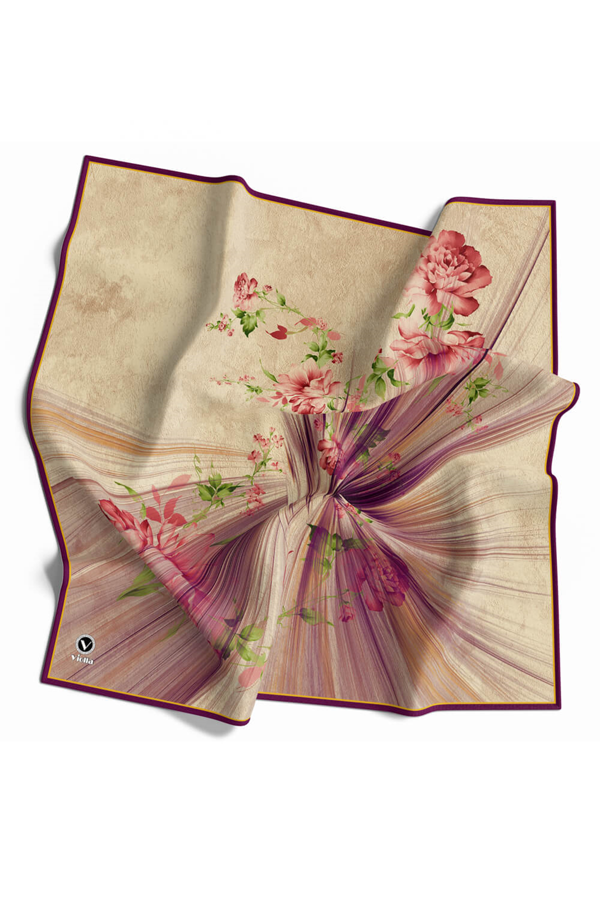 Twill Çiçekli Desenli Mürdüm Renkli 90x90 Eşarp (İpek İçermez) Kenar Dikiş Şekli El Dikişli