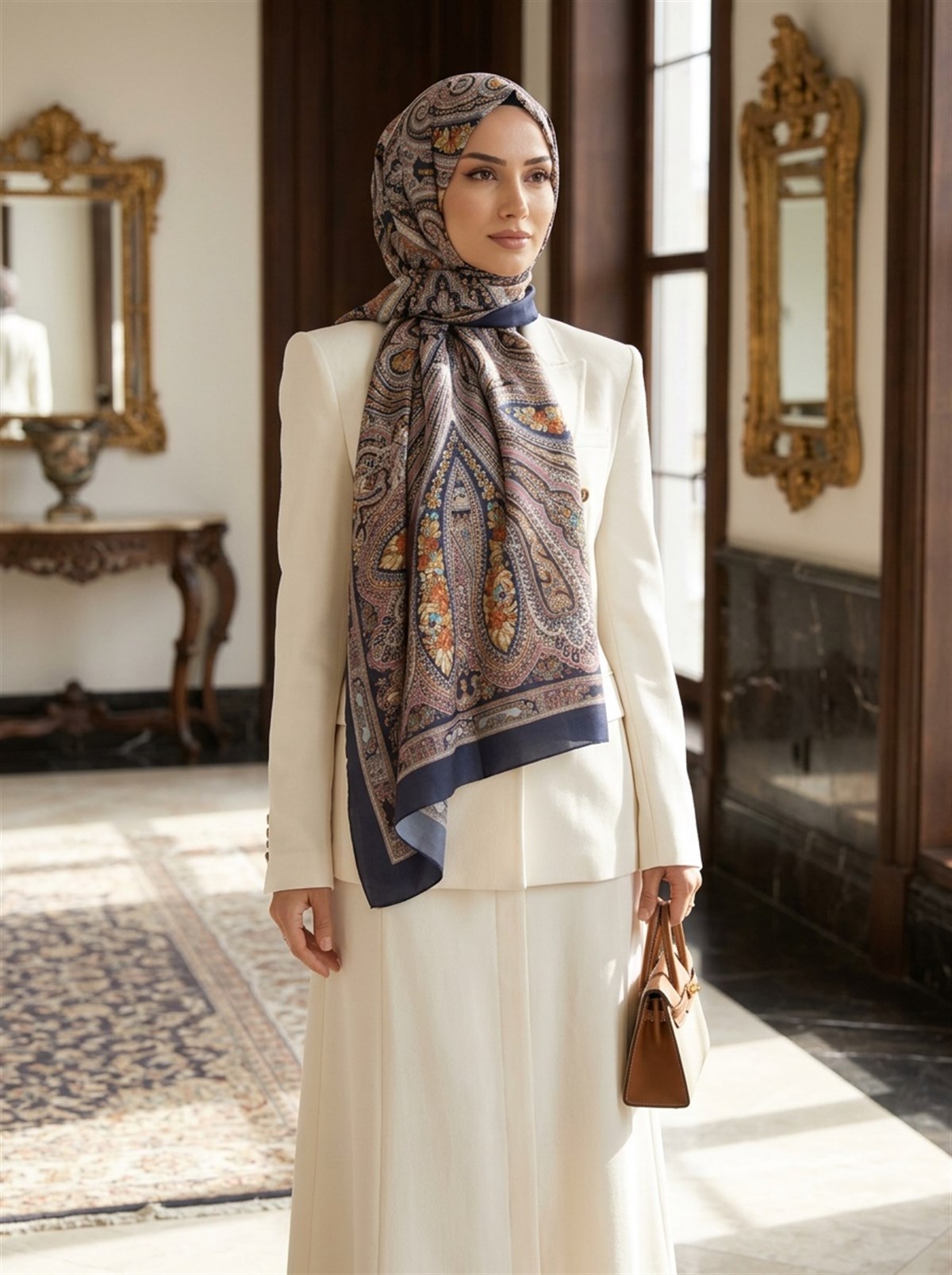 %100 İpek Etro Desenli Lacivert Renkli 92x210 Şal