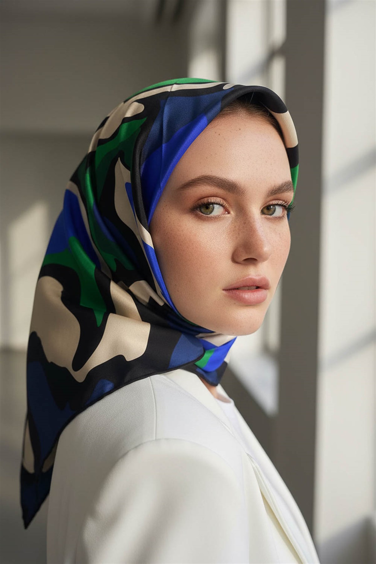 100% Twill İpek Dalga Desenli Saks - Zümrüt Yeşili Renkli 90x90 Dikim Şekli : El Dikişi Eşarp