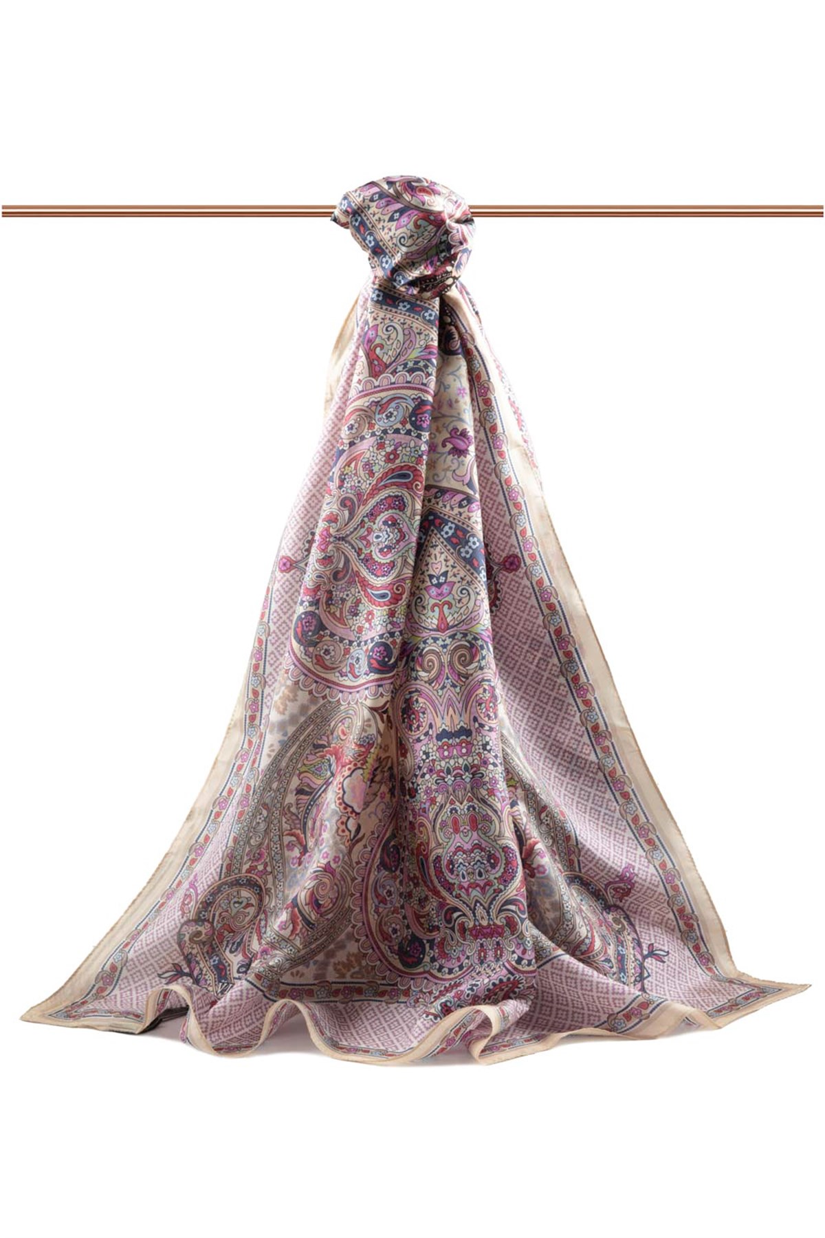 %100 İPEK ETRO DESENLİ BEJ - MÜRDÜM RENKLİ ŞAL