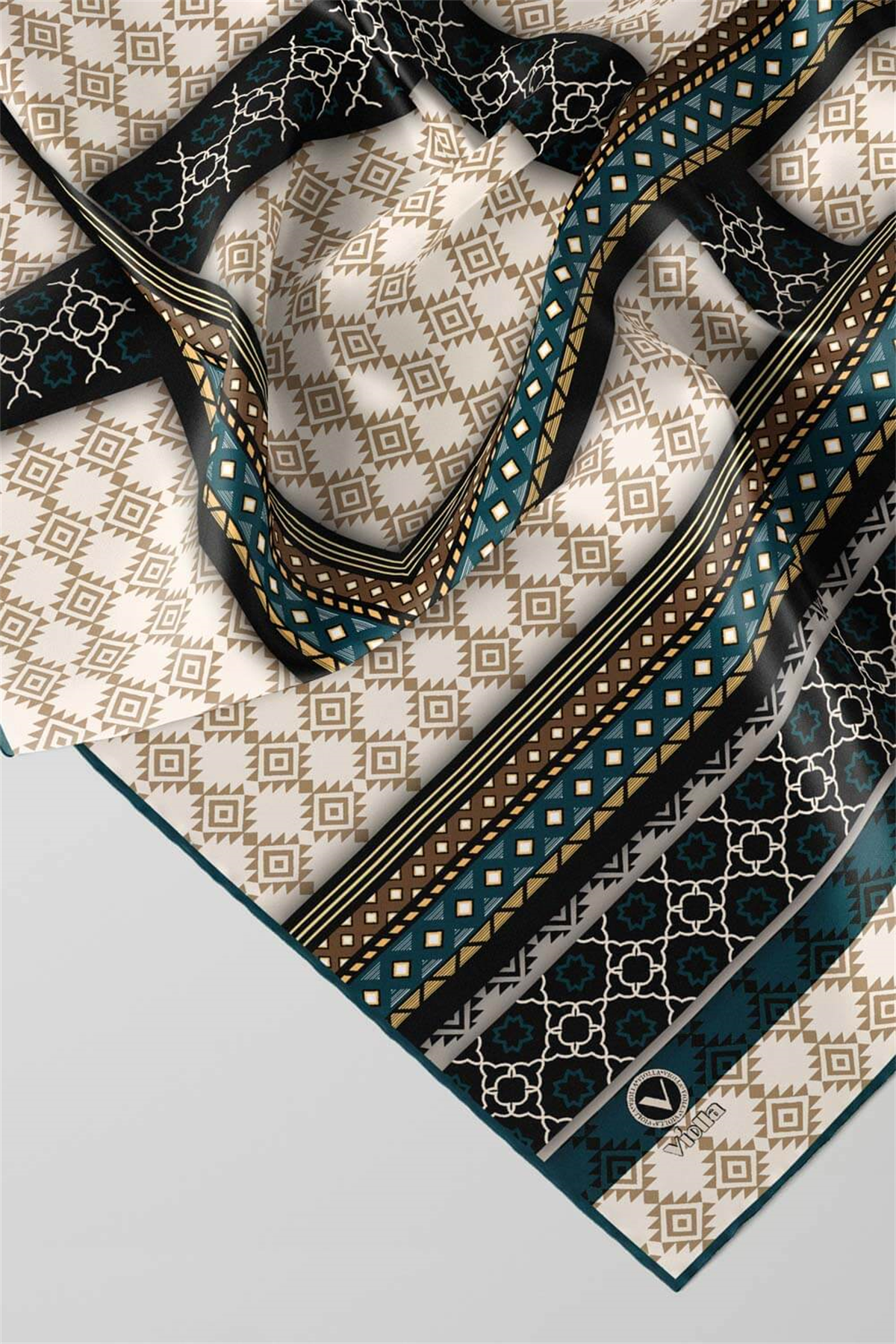 Twill Etnik Desenli Petrol Mavisi Renkli 90x90 Eşarp (İpek İçermez) Kenar Dikiş Şekli El Dikişli
