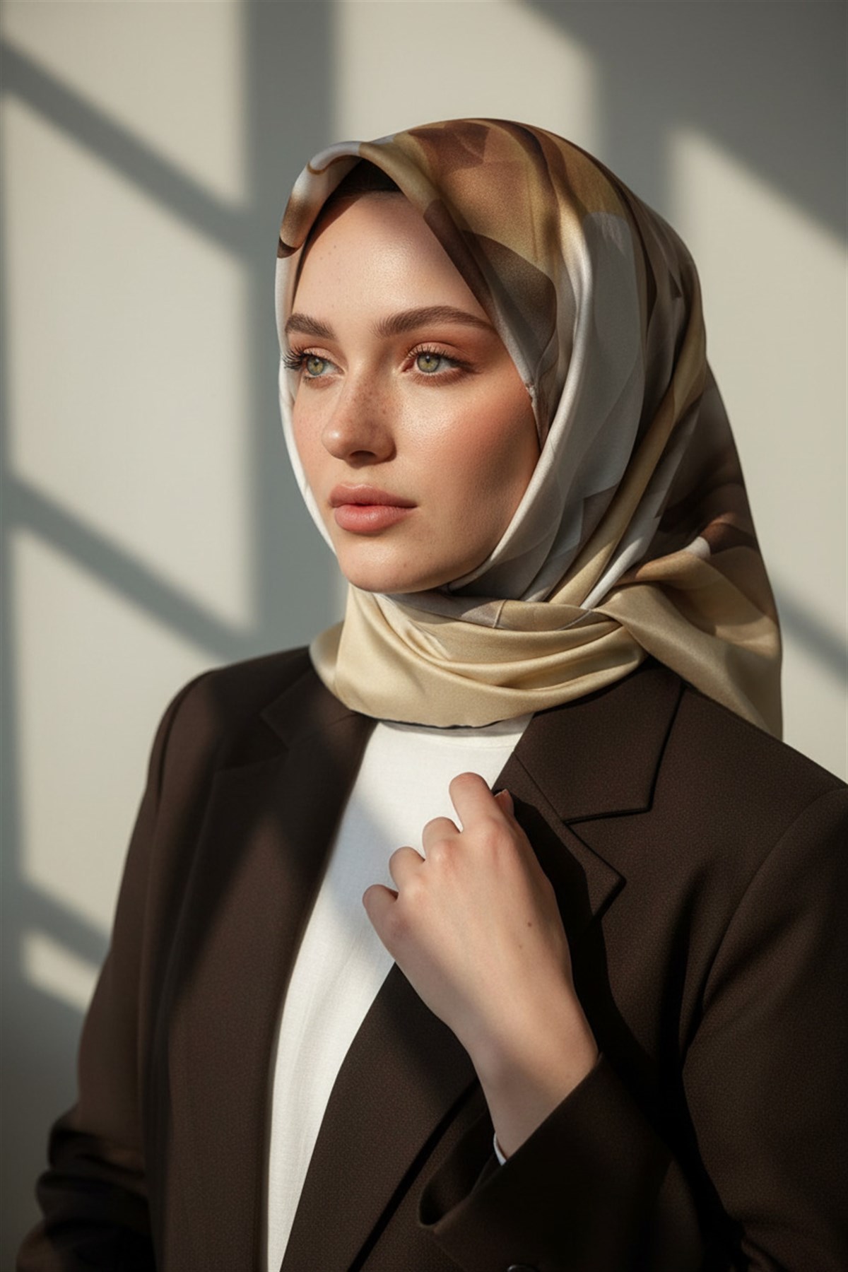 %100 Twill İpek Büyük Çiçek Desenli Sütlü Kahve - Vizon Renkli 90x90 Eşarp Dikim Şekli : El Dikişi