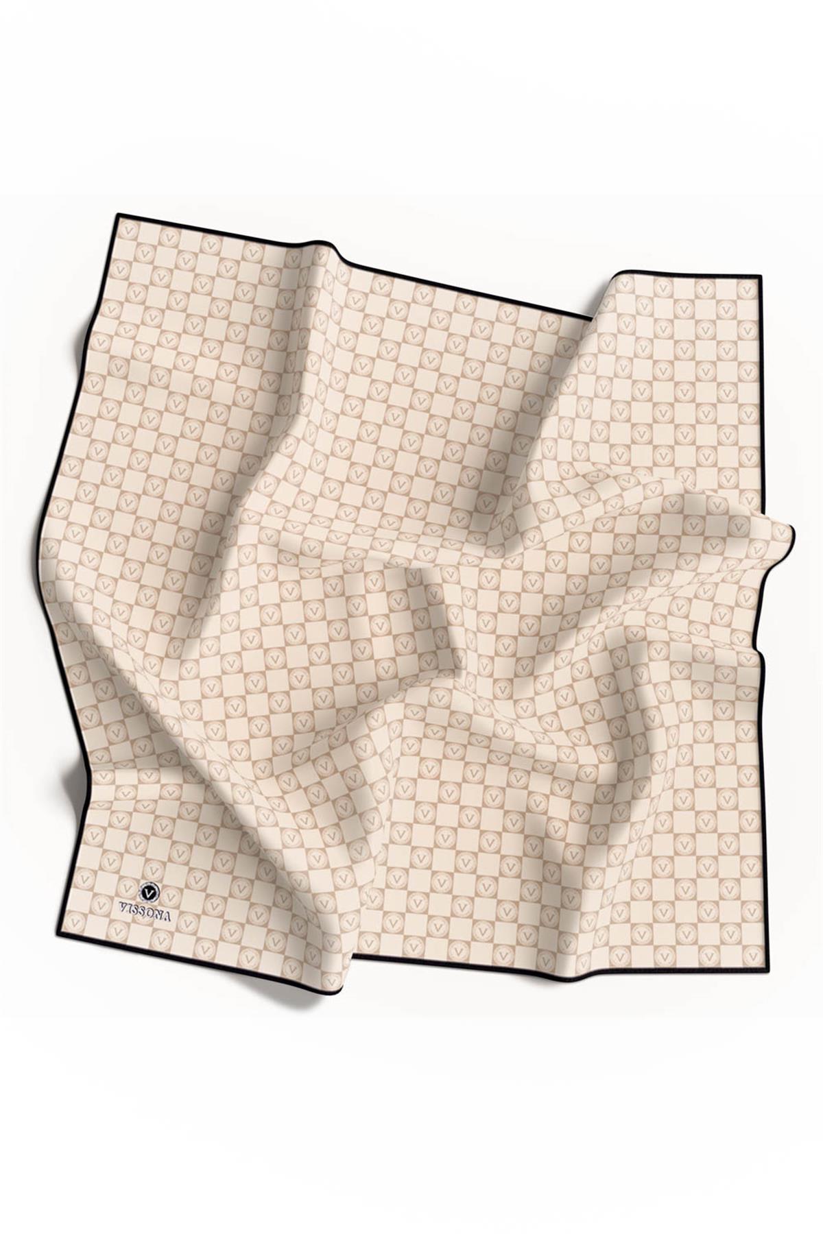 %100 Twill İpek Monogram Desenli Krem - Siyah Renkli 90x90 Eşarp Dikim Şekli : El Dikişi