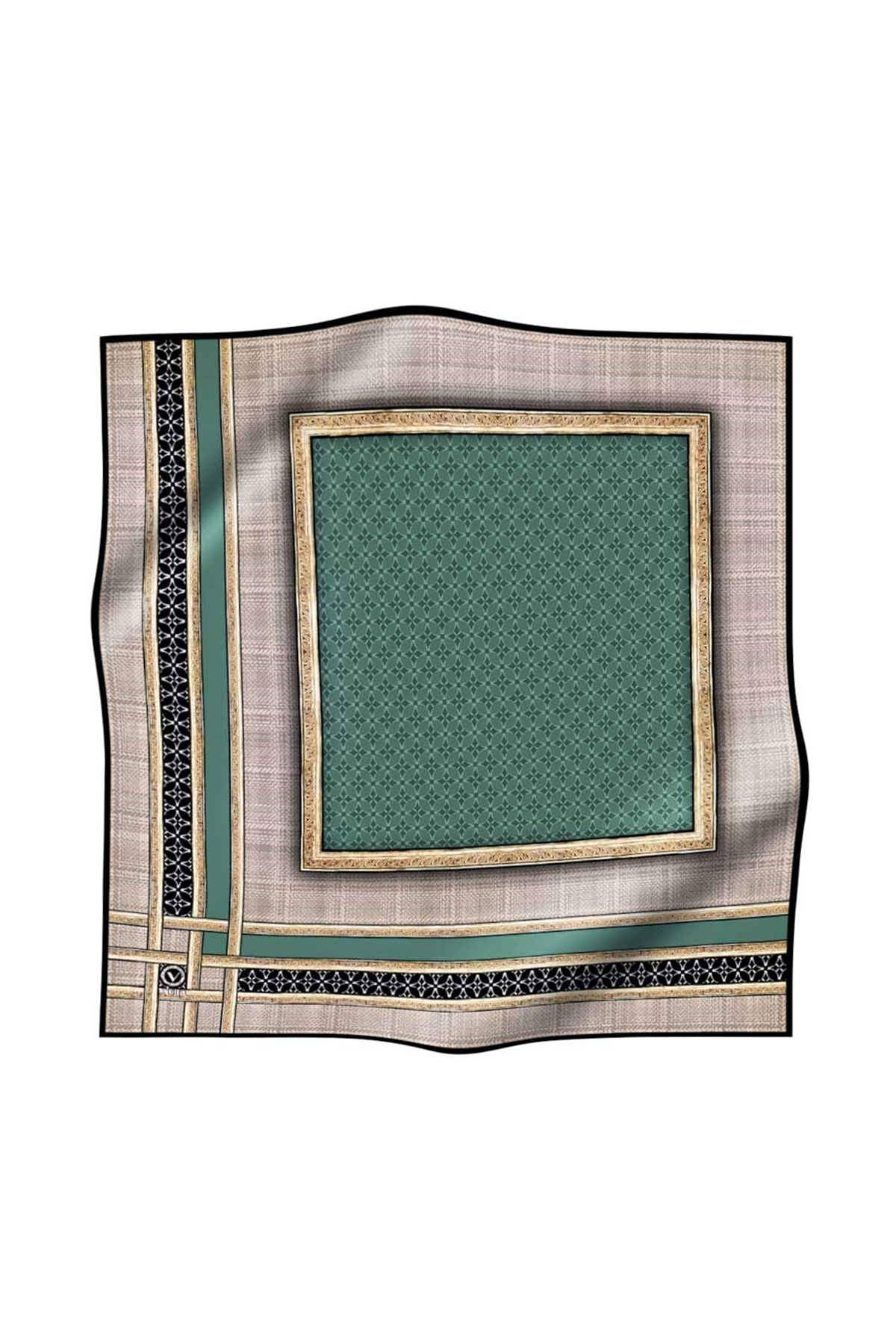 Twill Gold Bordürlü Geometrik Desenli Petrol Yeşili Renkli 90x90 Eşarp (İpek İçermez) Kenar Dikiş Şekli El Dikişli