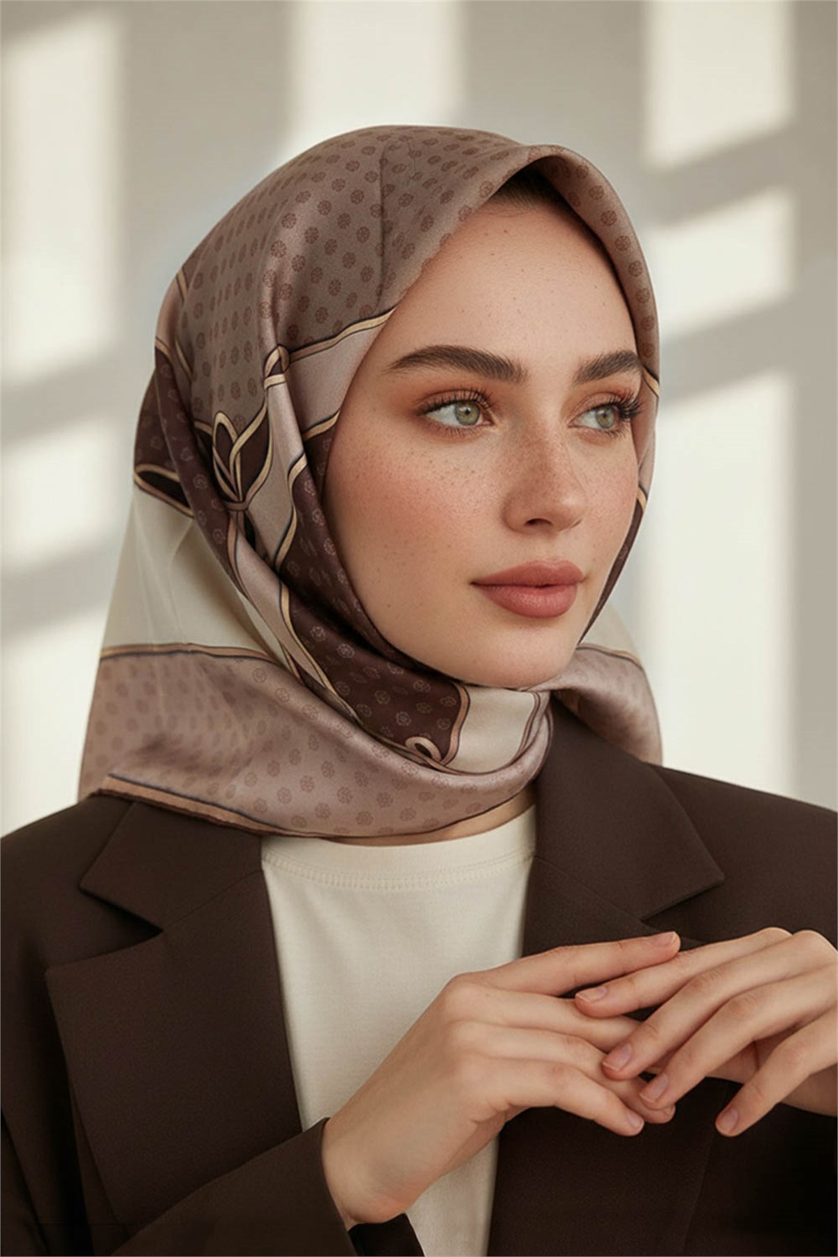 %100 Twill İpek Puantiyeli ve Geometrik Desenli Bej - Kahverengi Renkli 90x90 Eşarp Dikim Şekli : El Dikişi