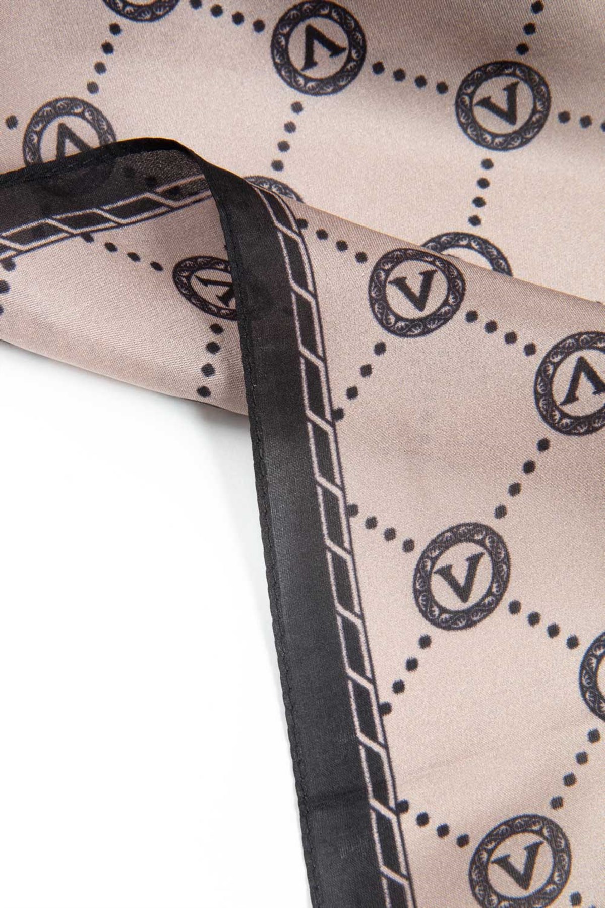 % 100 İpek V Logo Desenli Siyah - Vizon Renkli 90x210 Şal