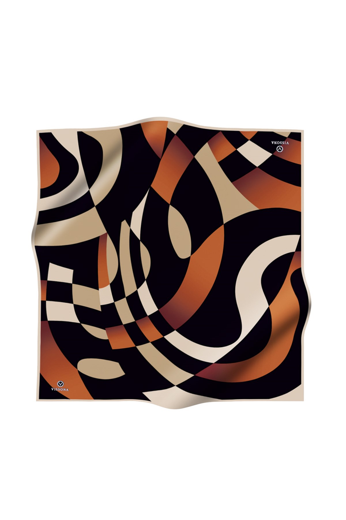 %100 Twill İpek Geometrik Desenli Taba - Bej Renkli 90x90 Eşarp Dikim Şekli : El Dikişi