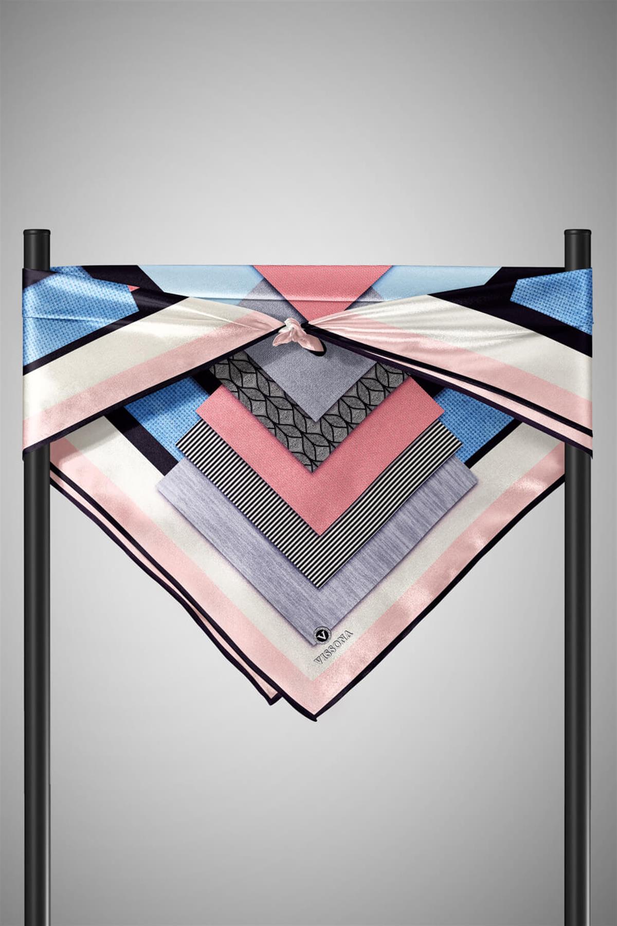 %100 Twill İpek Geometrik Desenli Bebe Mavisi - Pudra Renkli 90x90 Eşarp Dikim Şekli : El Dikişi