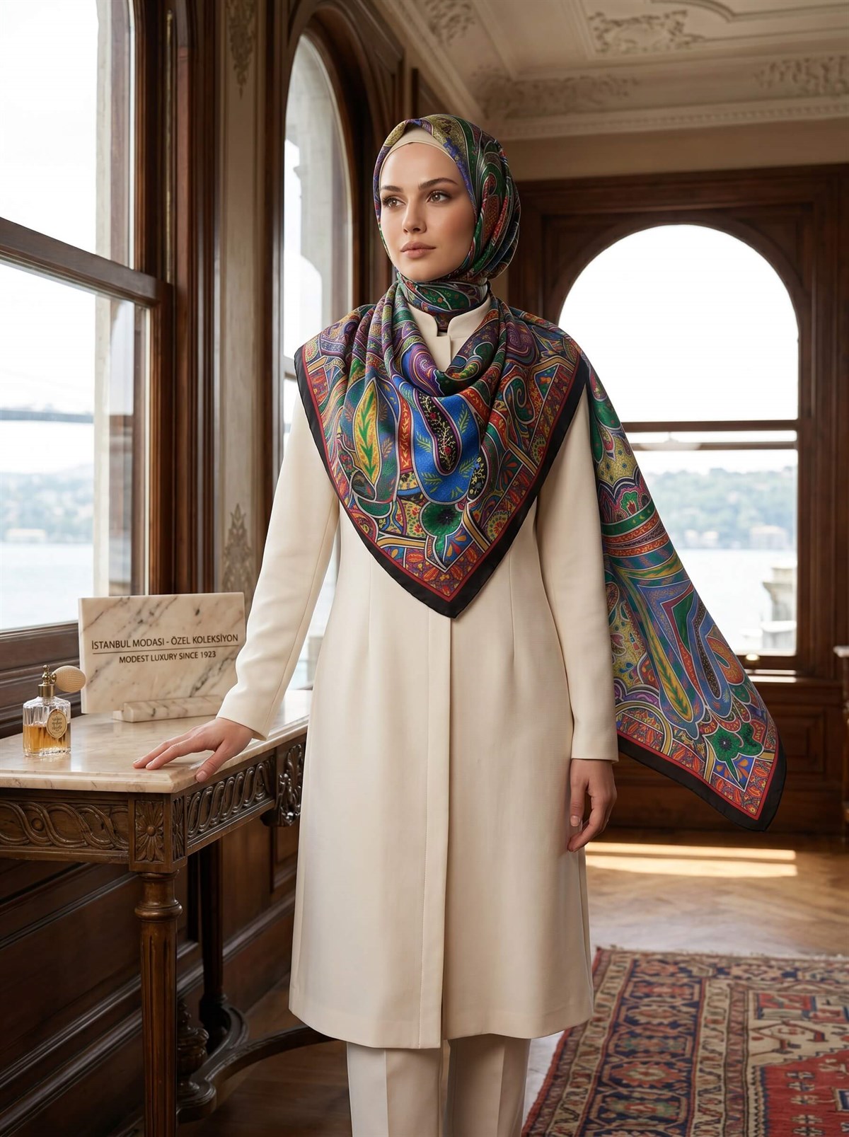 100% İpek Etro Desenli Siyah - Fıstık Yeşili Renkli 92x210 Şal