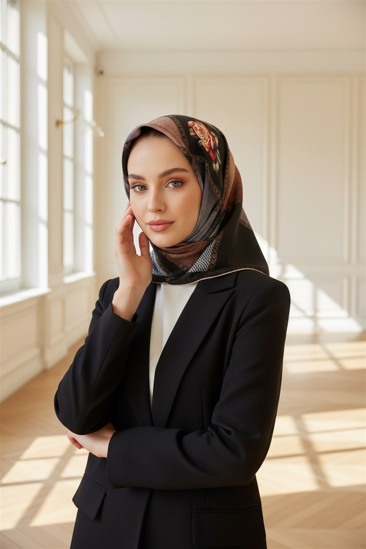 %100 Twill İpek Dokulu Çiçekli Ve Geometrik Desenli Pudra - Siyah Renkli 90x90 Eşarp Dikim Şekli : El Dikişi