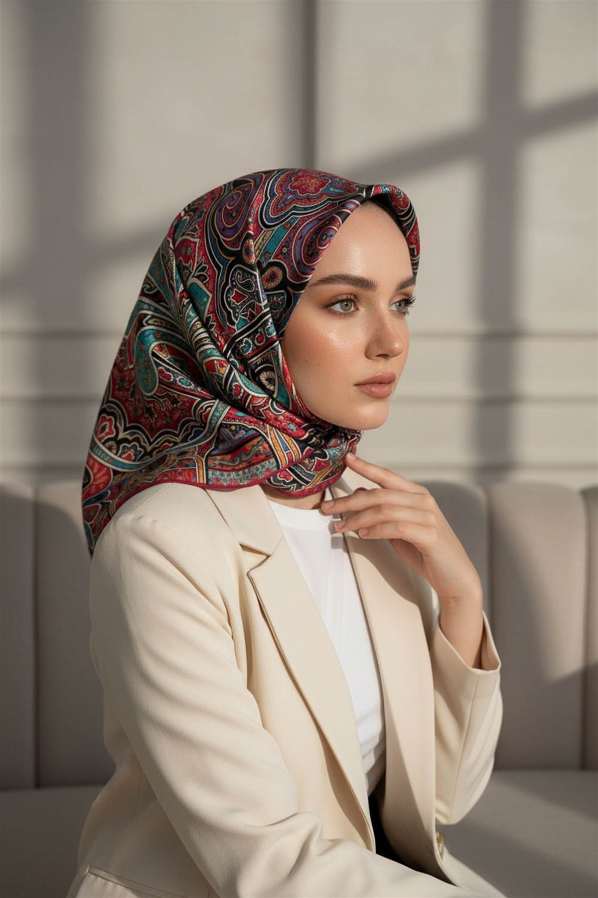100% Twill İpek Etnik Desenli Bordo - Petrol Yeşili Renkli 90x90 Dikim Şekli : El Dikişi Eşarp