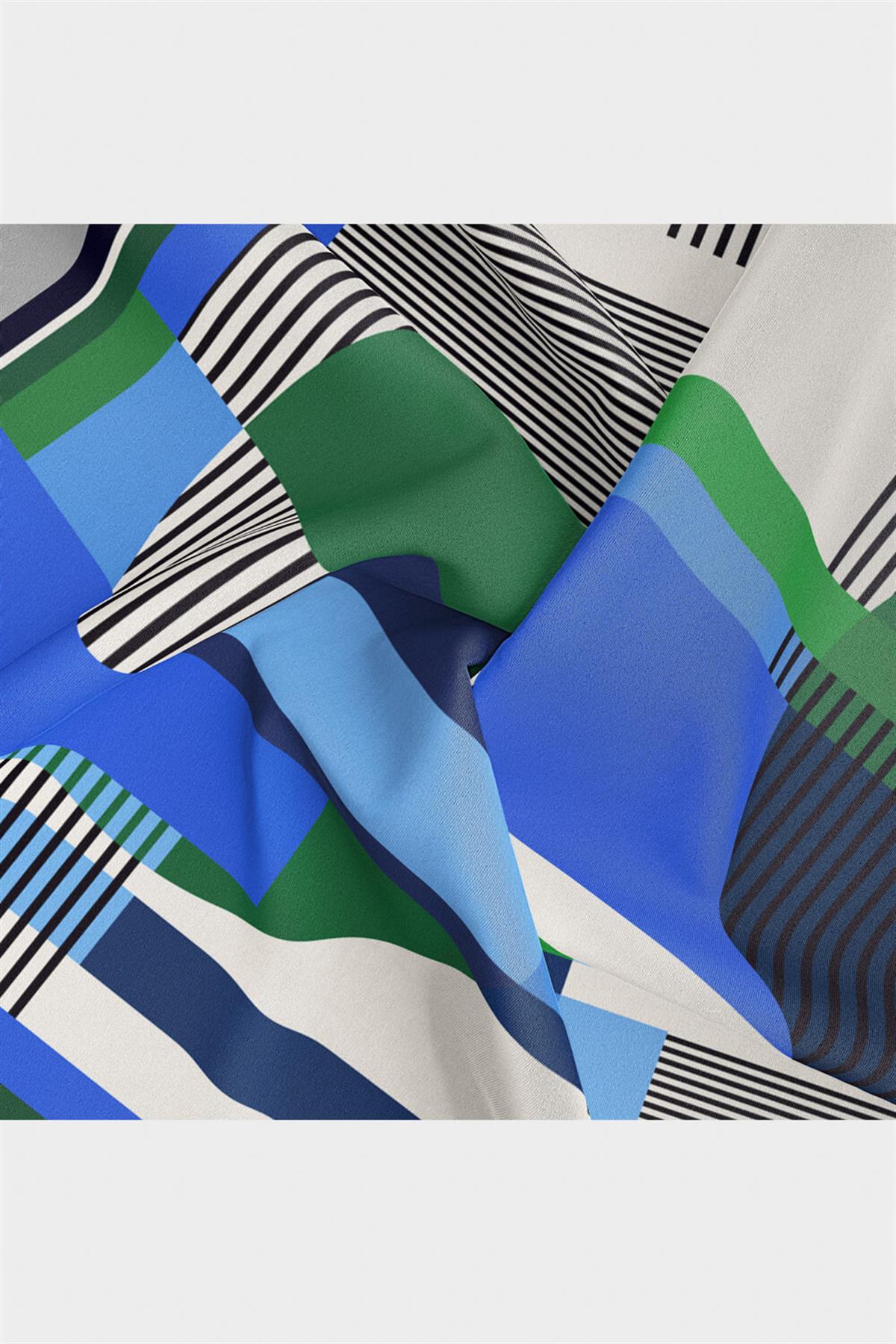 100% Twill İpek Geometrik Desenli Saks - Zümrüt Yeşili Renkli 90x90 Dikim Şekli : El Dikişi Eşarp