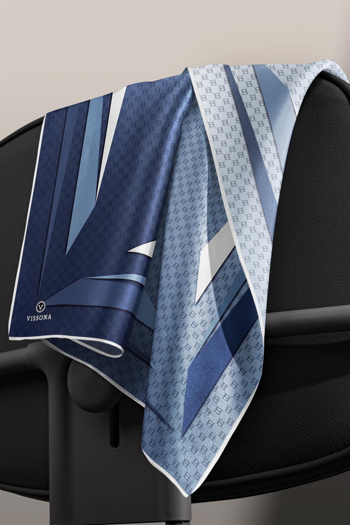 %100 Twill İpek Degrade Desenli İndigo - Bebe Mavisi Renkli 90x90 Eşarp Dikim Şekli : El Dikişi