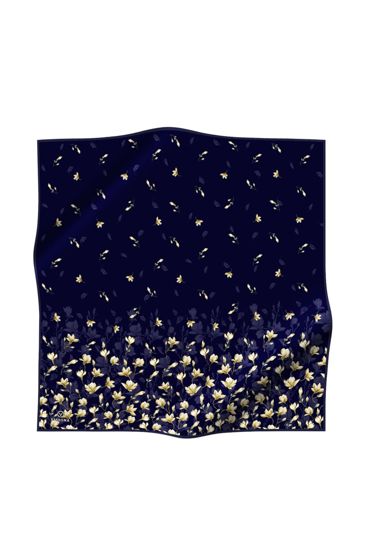 %100 Twill İpek Çiçek Desenli Lacivert Renkli 90x90 Eşarp Dikim Şekli : El Dikişi