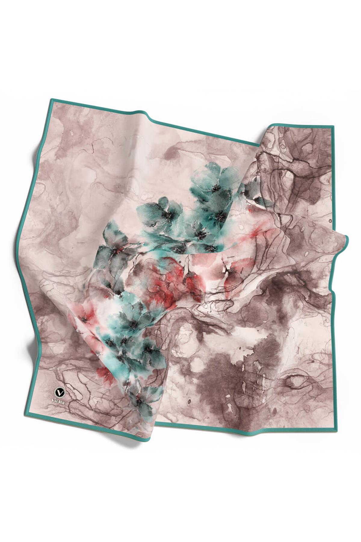 Rayon Sulu Boyalı Çiçek Desenli Petrol Yeşili Renkli 90x90 Eşarp (İpek İçermez) Dikim Şekli : El Dikişi