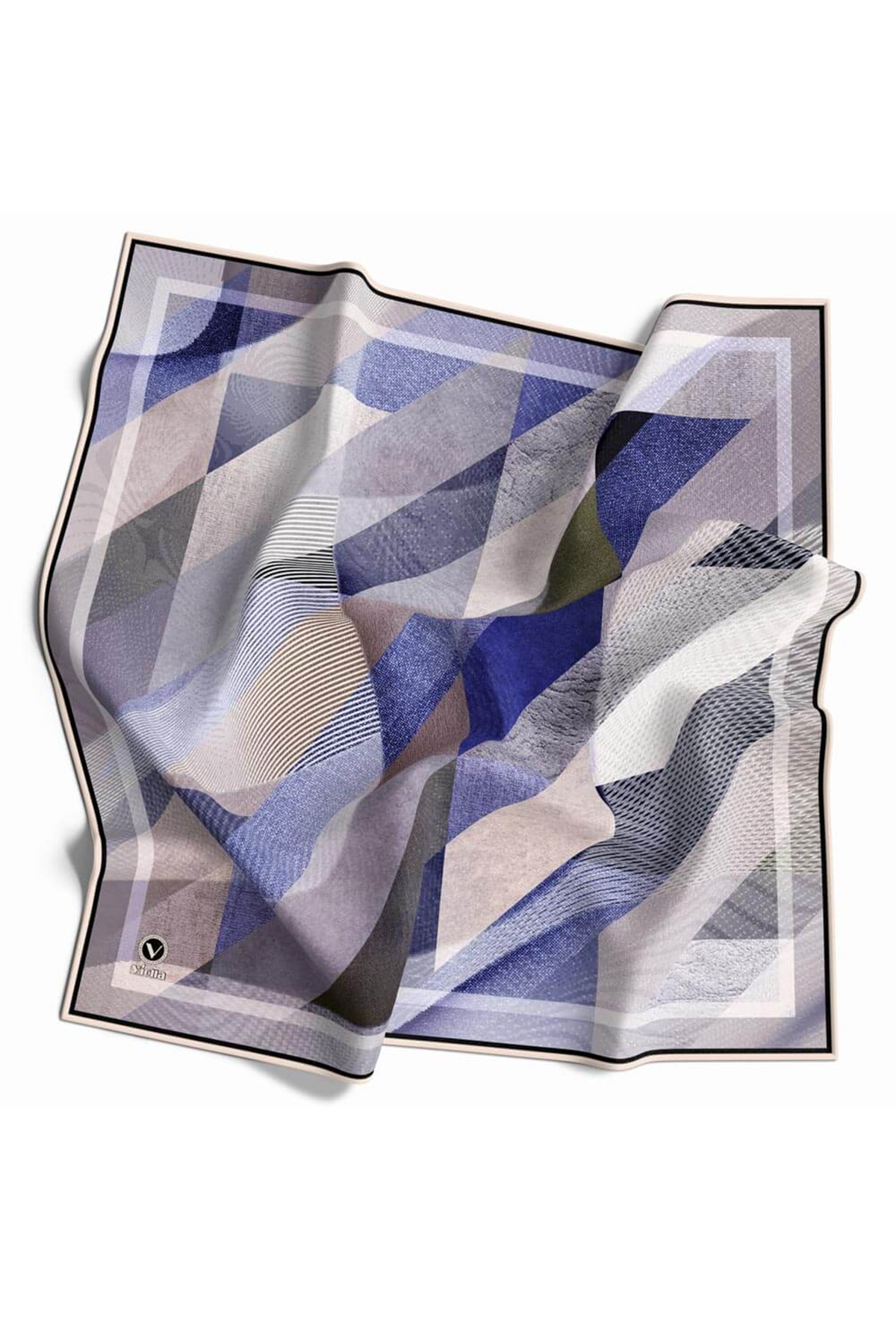 Twill Dokulu Ve Geometrik Desenli Lacivert Renkli 90x90 Eşarp (İpek İçermez) Kenar Dikiş Şekli El Dikişli