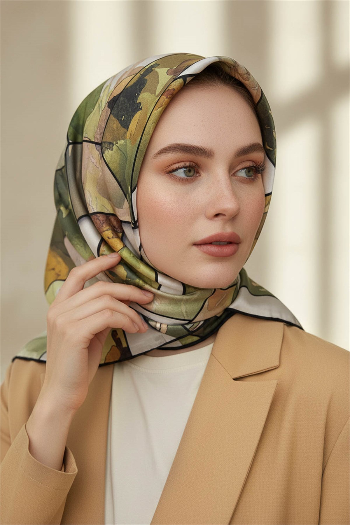 %100 Twill İpek Bahar Çiçekleri Desenli Haki Yeşil - Vizon Renkli 90x90 Eşarp Kenar Dikiş Şekli El Dikişli