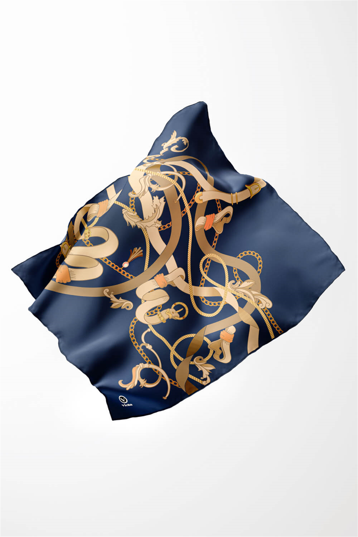 Twill Kemerli Ve Zincir Desenli İndigo Renkli 90x90 Eşarp (İpek İçermez) Kenar Dikiş Şekli El Dikişli