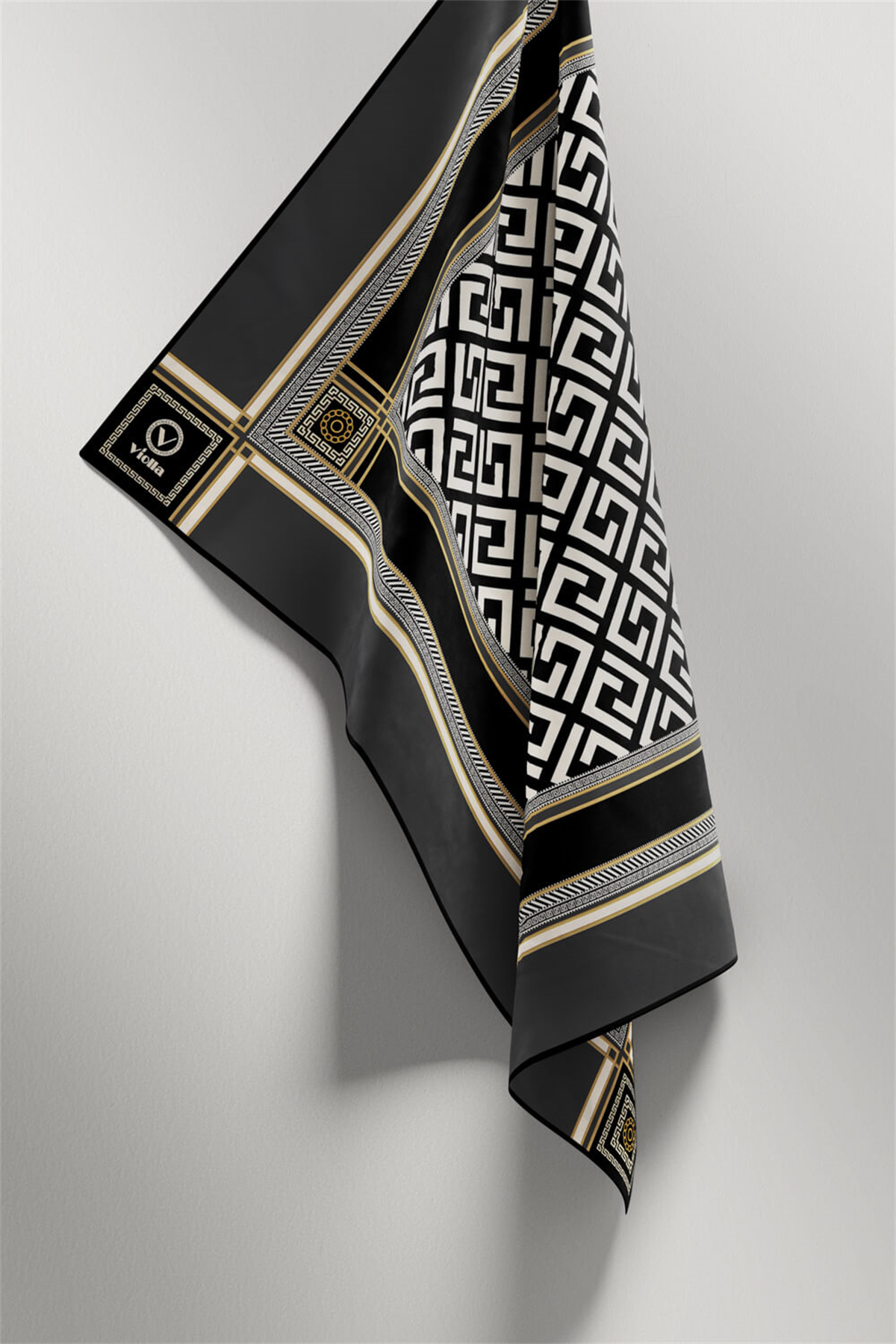 Twill Antik Desenli Füme Renkli 90x90 Eşarp (İpek İçermez) Kenar Dikiş Şekli El Dikişli