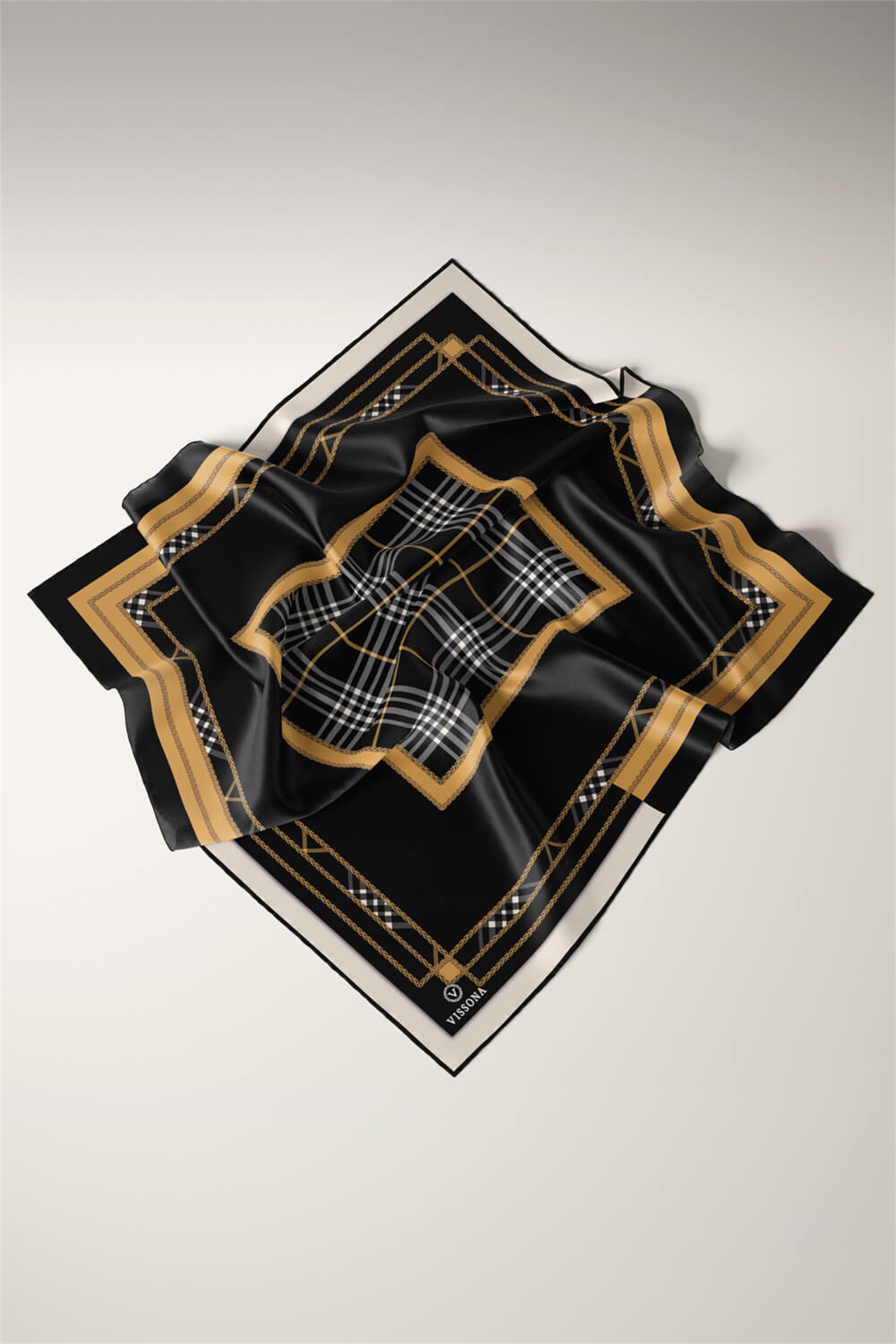 % 57 İPEK % 43 VİSKON Twill İpek Ekose Desenli Gold Renkli 90x90 Eşarp Dikim Şekli : El Dikişi