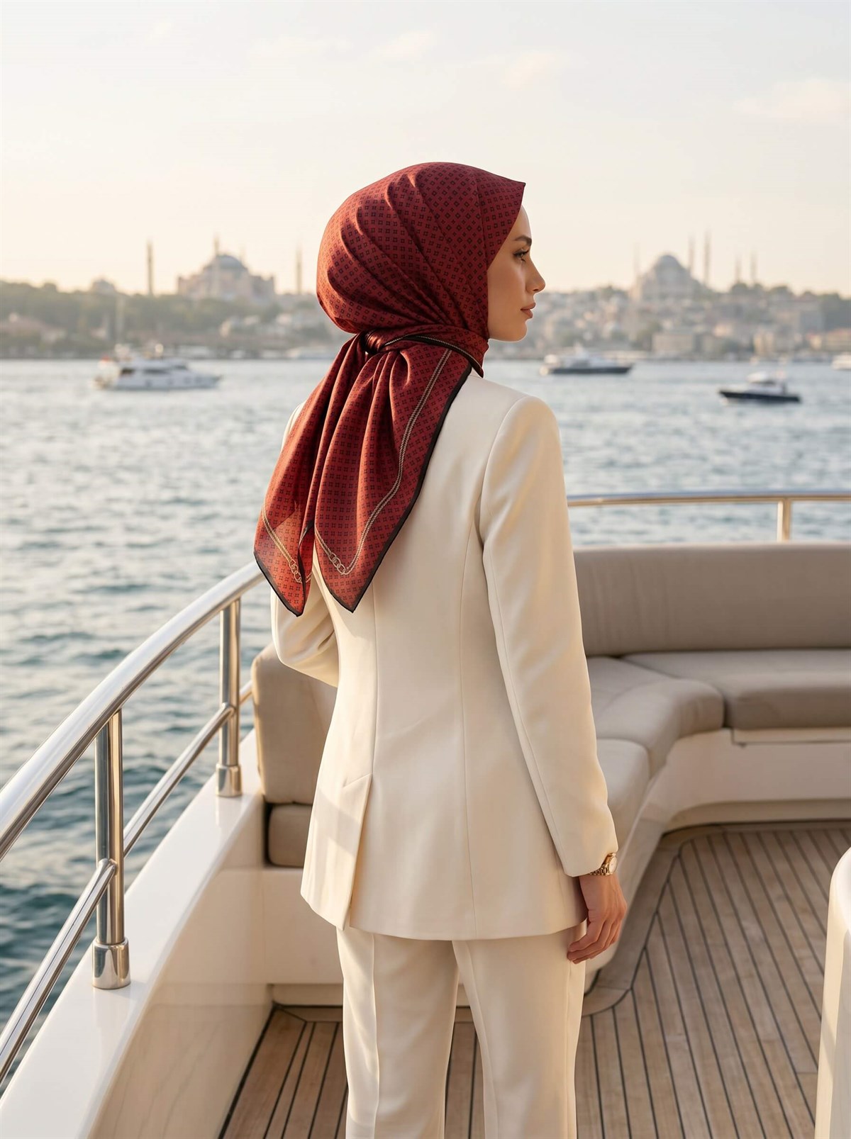 %100 Saf İpek Şal İnce Saten Vual Dokuma Zincir Desenli Kırmızı - Siyah Renkli 90x210 Şal