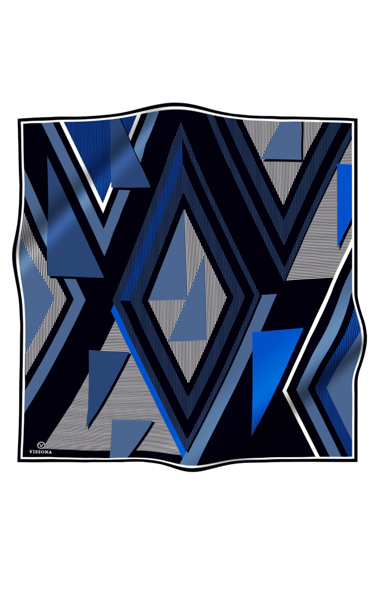 % 57 İPEK % 43 VİSKON Twill İpek Geometrik Desenli Saks - Siyah Renkli 90x90 Eşarp Dikim Şekli : El Dikişi