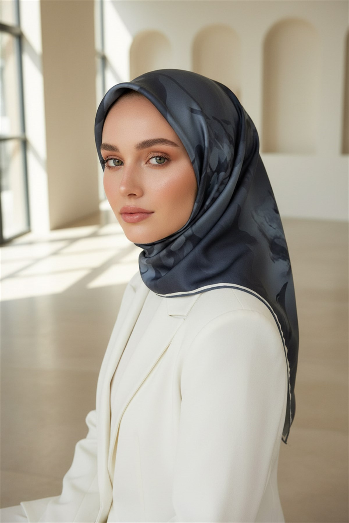 100% Twill İpek Çiçek Desenli Bebe Mavisi Renkli 90x90 Dikim Şekli : El Dikişi Eşarp