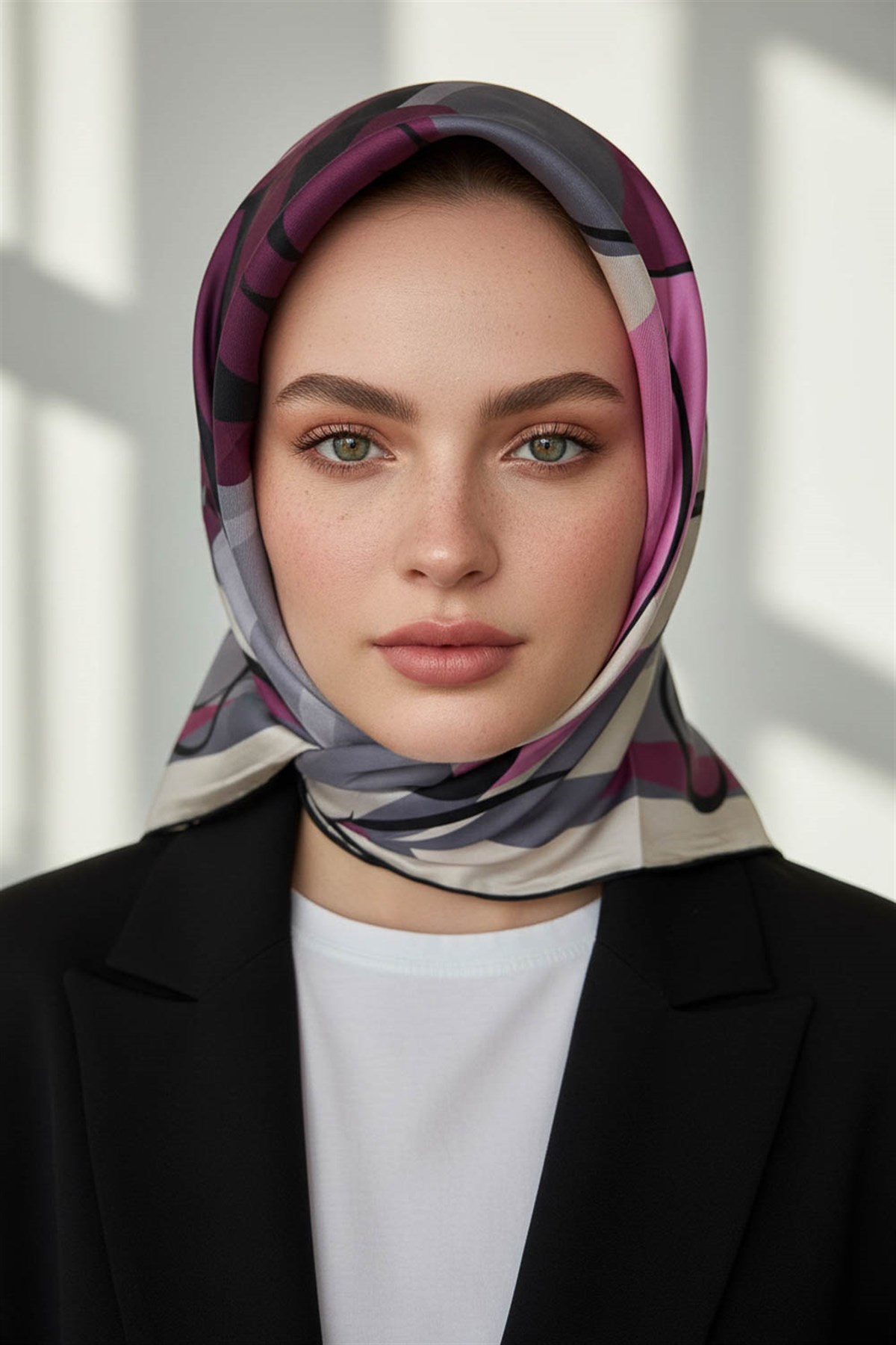 %100 Twill İpek Çiçek Desenli Gri - Siyah Renkli 90x90 Eşarp Dikim Şekli : El Dikişi