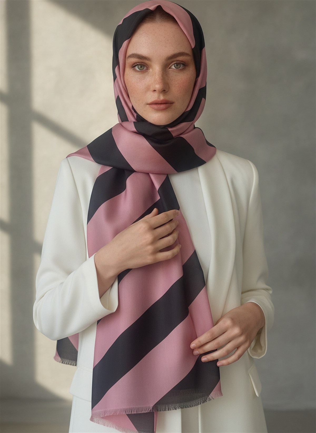 %100 Saf İpek Şal İnce Saten Vual Dokuma Çizgili Desenli Pudra - Siyah Renkli 90x210 Şal