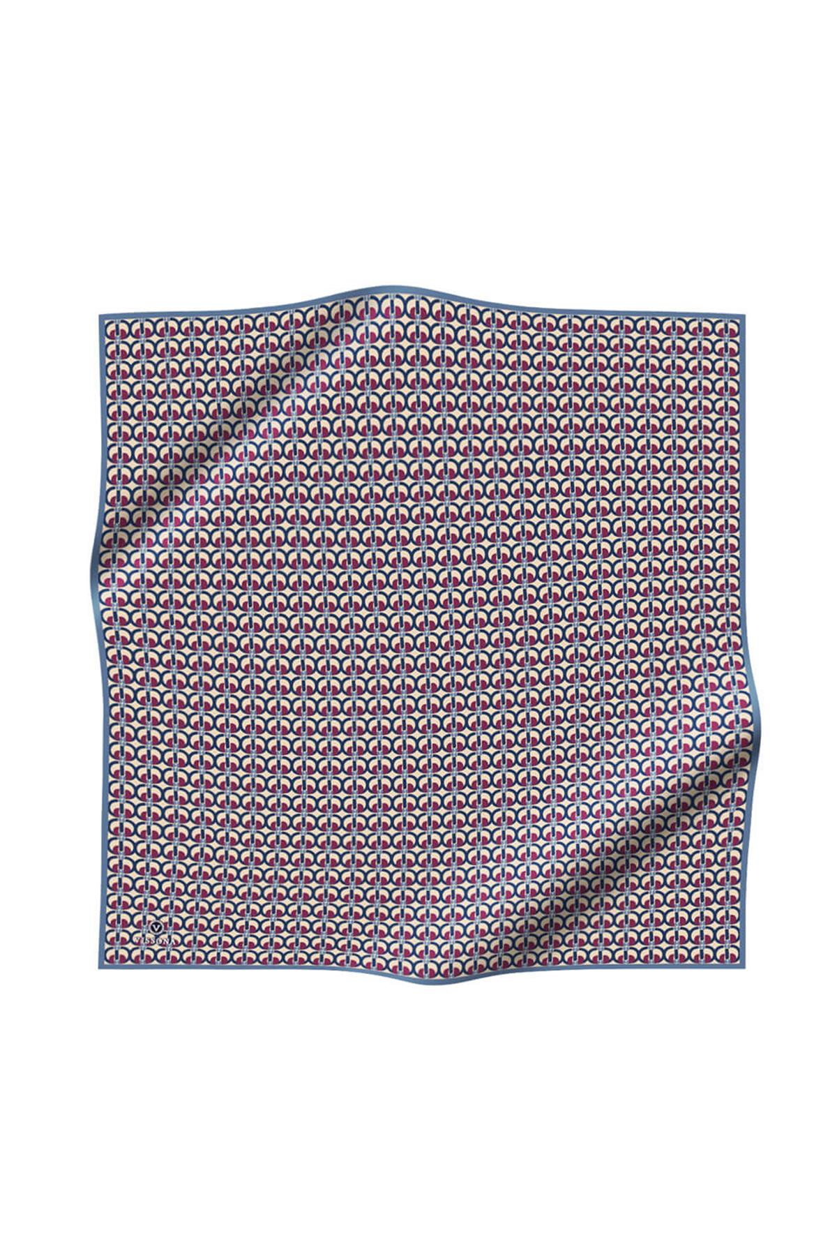 %100 Twill İpek Geometrik Desenli Bej - Mürdüm Renkli 90x90 Eşarp Dikim Şekli : El Dikişi