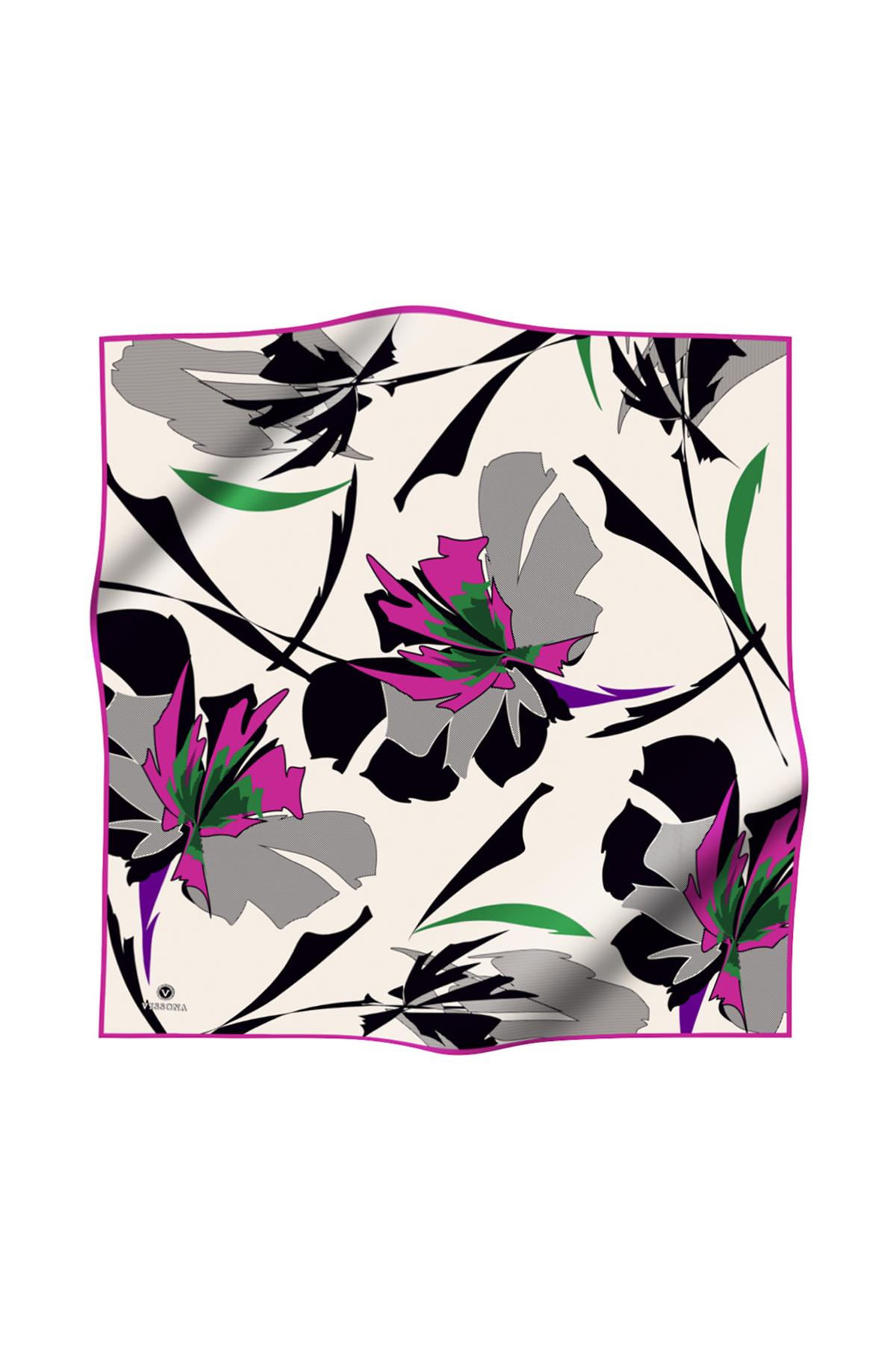 %100 Twill İpek Çiçek Desenli Krem - Fuşya Renkli 90x90 Eşarp Dikim Şekli : El Dikişi