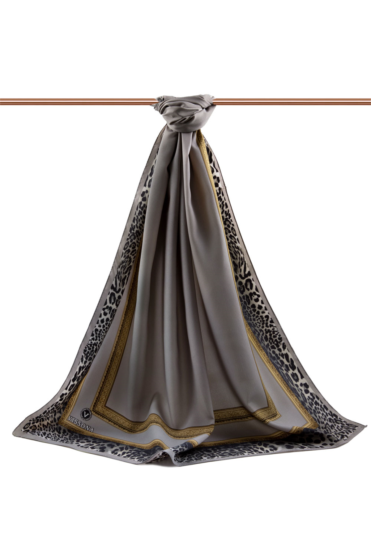 LÜKS MEDİNE İPEĞİ LEOPAR BORDÜR DESENLİ GRİ RENKLİ 75X195 KIRIŞMAZ ŞAL MOSS KREP DİKİŞ TİPİ İTALYAN DİKİŞLİ
