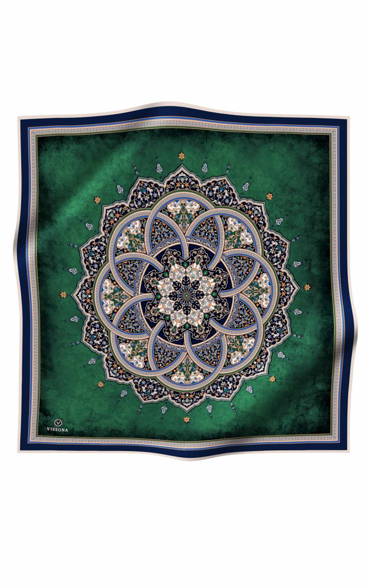 % 57 İPEK % 43 VİSKON Twill İpek Şal Desenli Zümrüt Yeşili - İndigo Renkli 90x90 Eşarp Dikim Şekli : El Dikişi