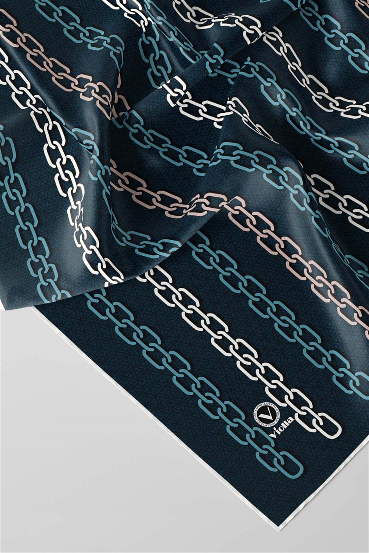 Twill Zincir Desenli Petrol Mavisi Renkli 90x90 Eşarp (İpek İçermez) Kenar Dikiş Şekli El Dikişli