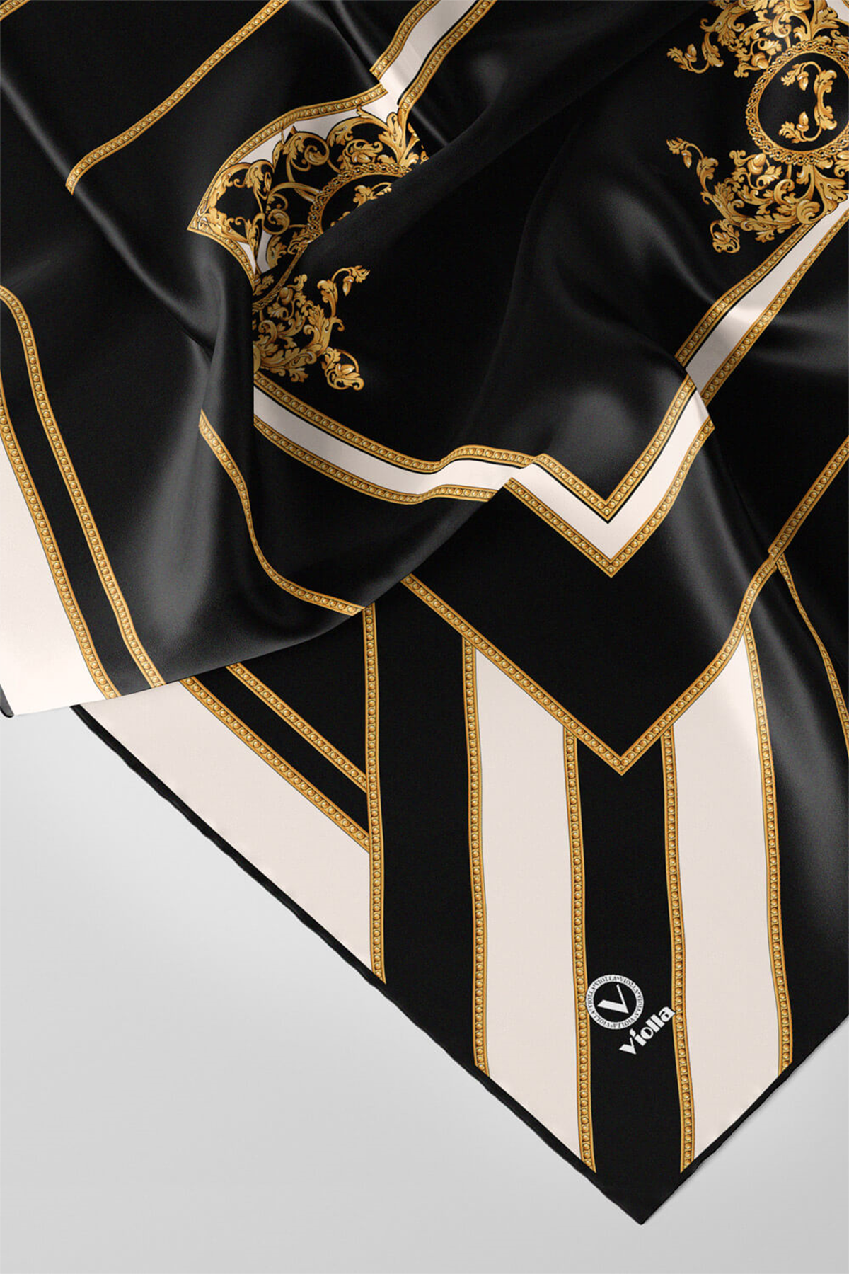 Twill Barok Desenli Siyah - Krem Renkli 90x90 Eşarp (İpek İçermez) Dikim Şekli : El Dikişi
