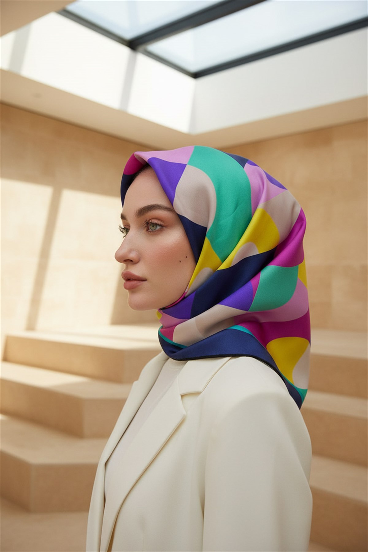 %100 Twill Renk Bloklu Çizgili Desenli Pembe - Lacivert Renkli 90x90 Eşarp Dikim Şekli: El Dikişii